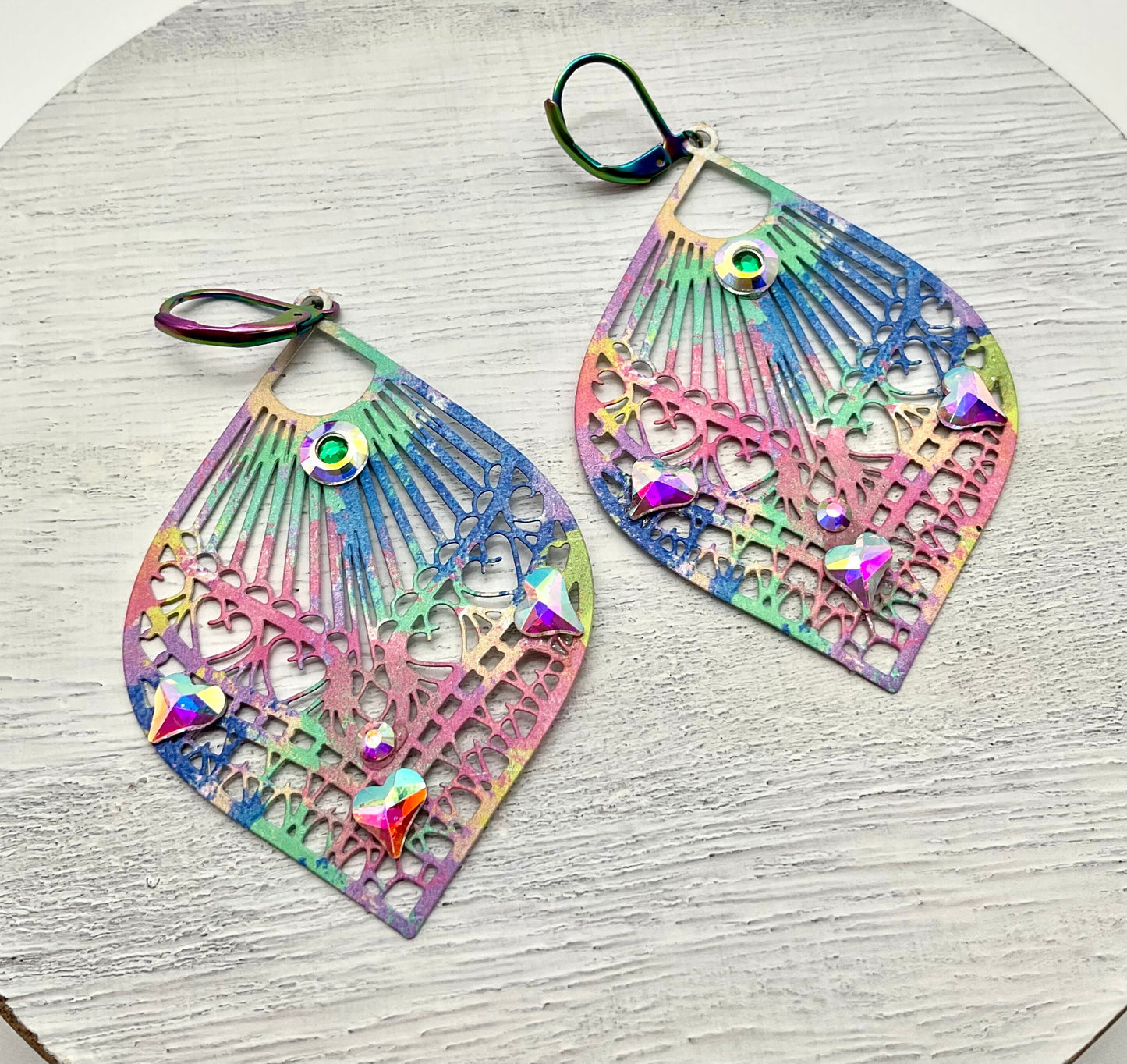 Rainbow Tear Drop Shaped Dangle Earrings with AB Crystal Accents
