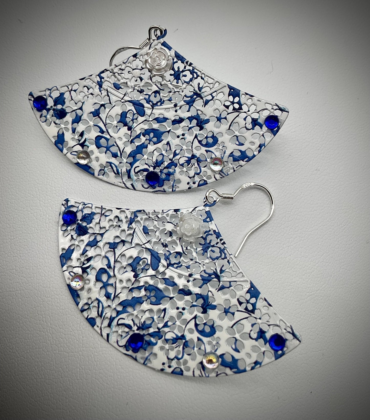 Blue and White Fan Shaped Dangle Earrings with AB Crystal Accents