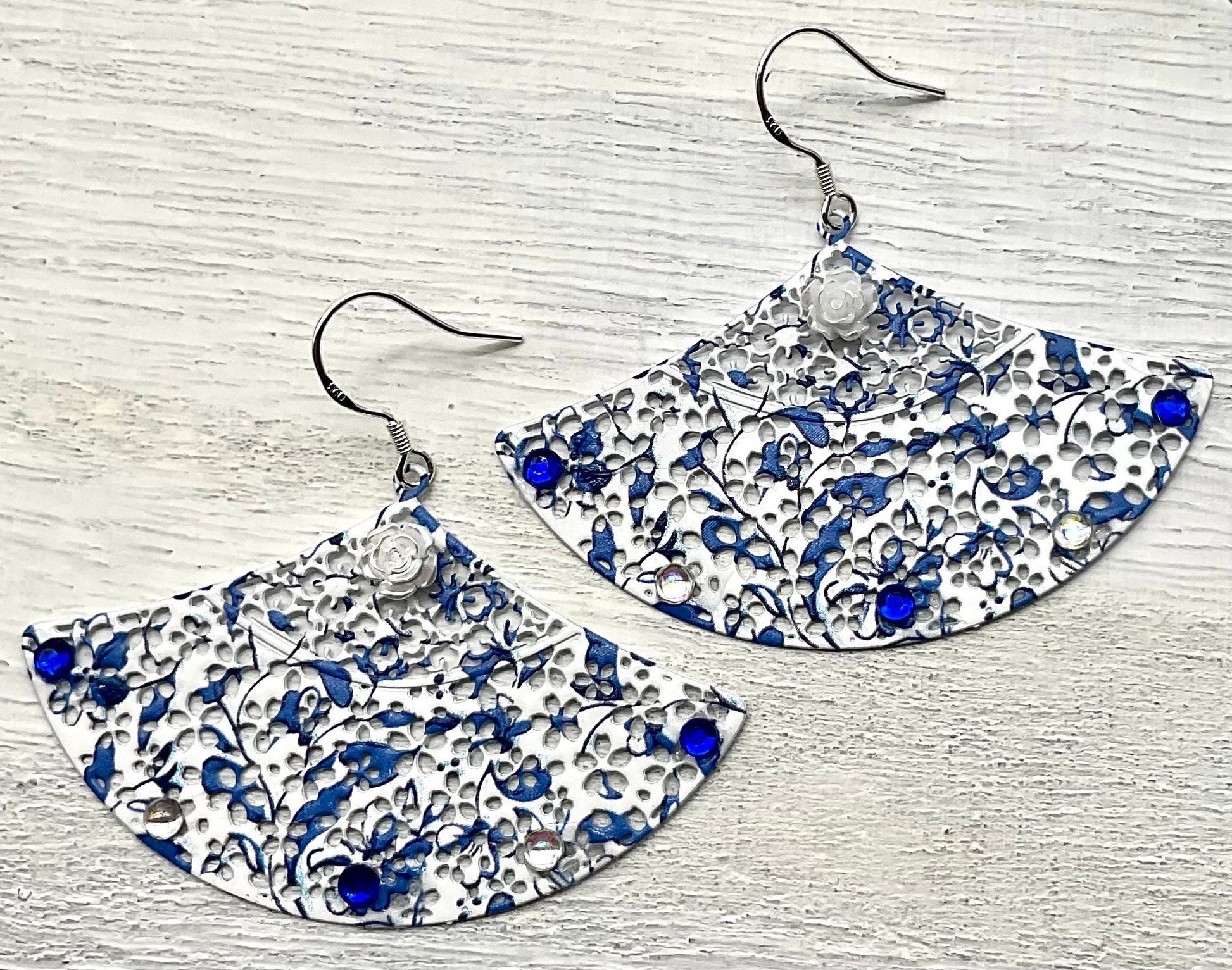 Blue and White Fan Shaped Dangle Earrings with AB Crystal Accents