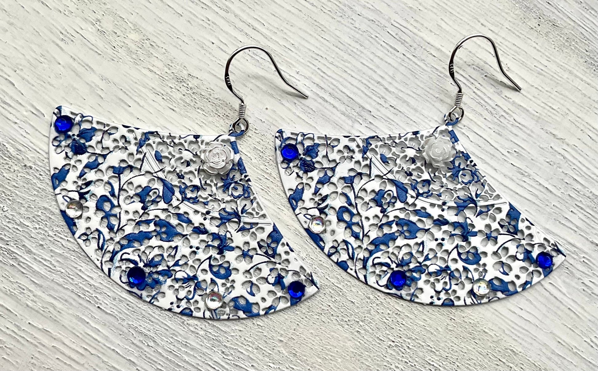 Blue and White Fan Shaped Dangle Earrings with AB Crystal Accents