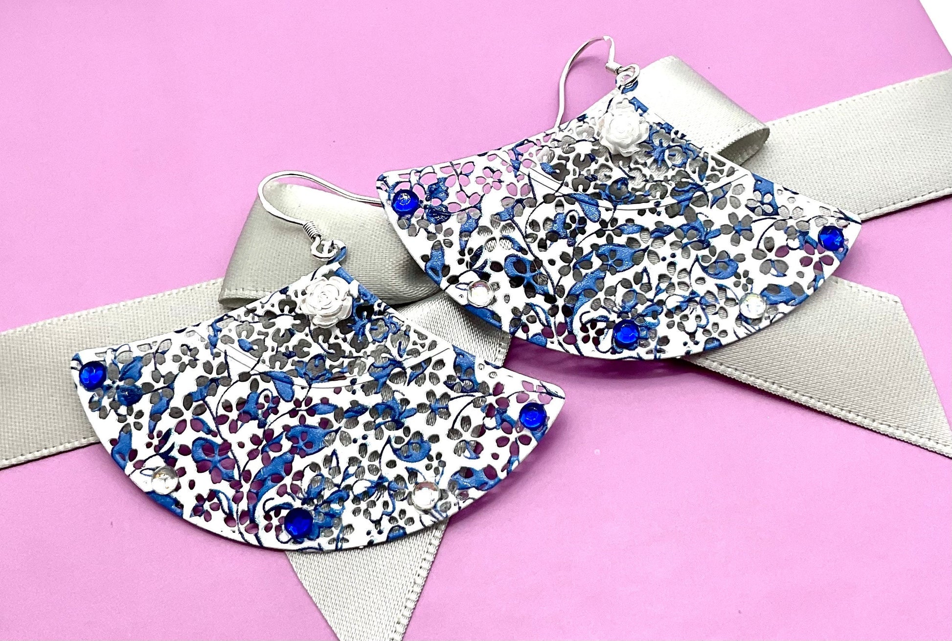 Blue and White Fan Shaped Dangle Earrings with AB Crystal Accents