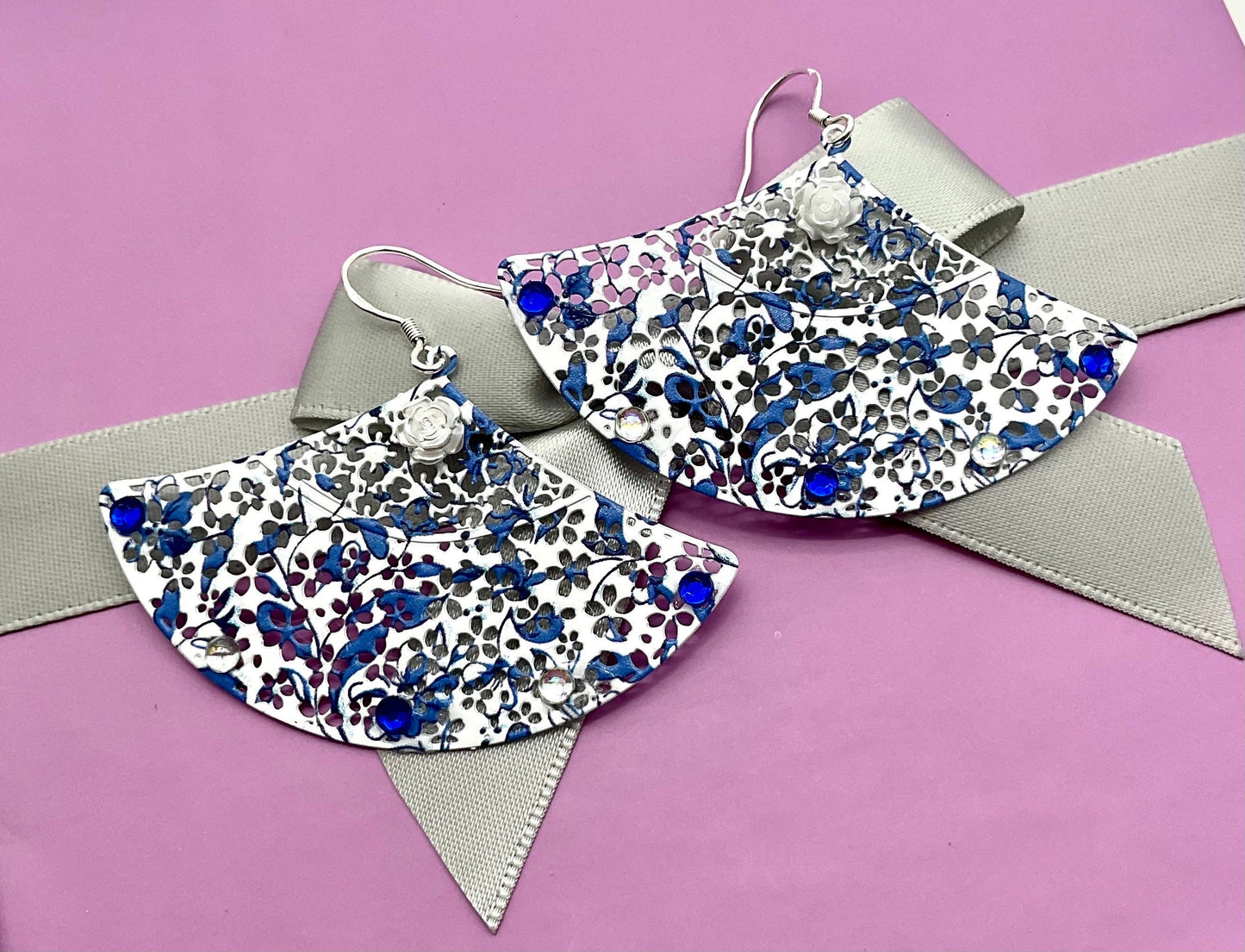 Blue and White Fan Shaped Dangle Earrings with AB Crystal Accents