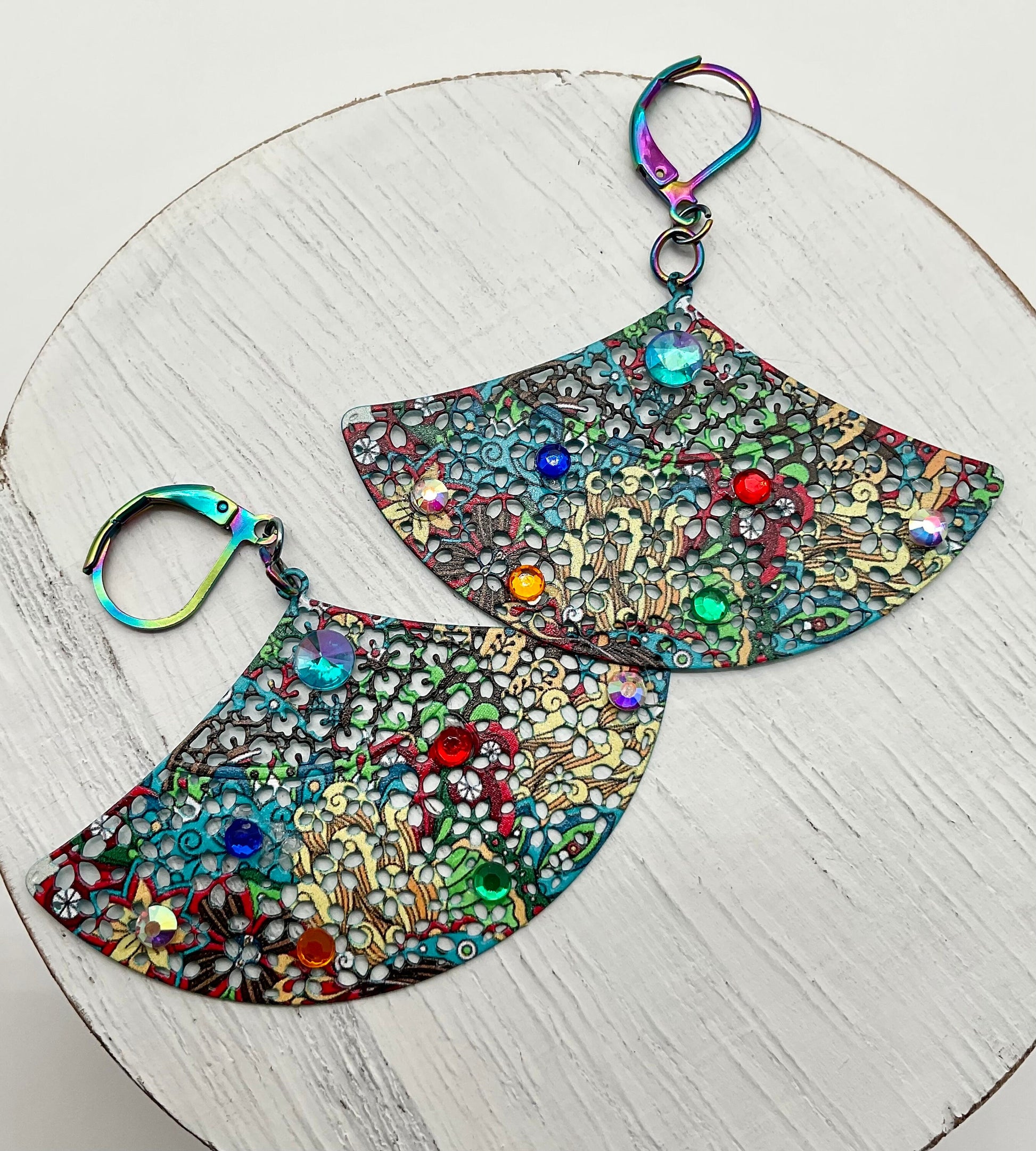 Multi Colored Fan Shaped Dangle Earrings with Crystal Accents