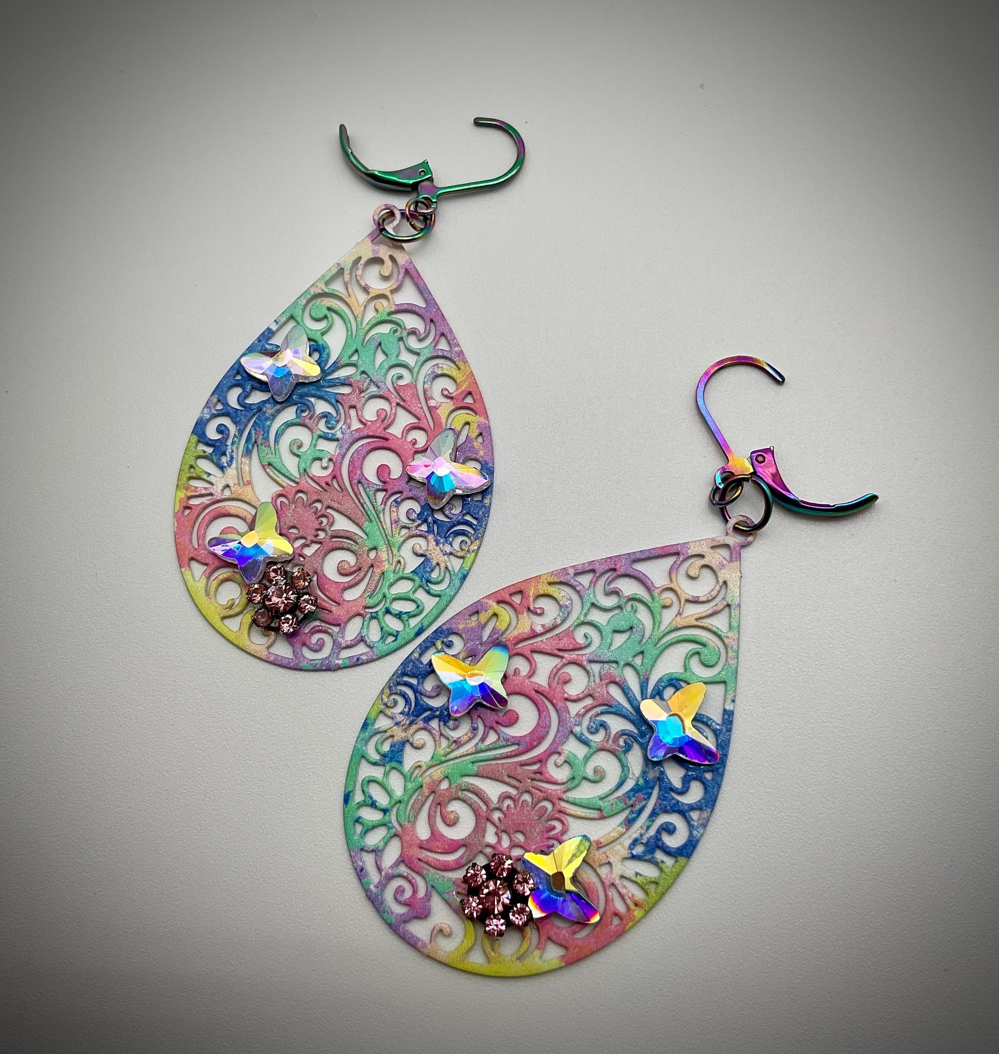 Rainbow Tear Drop Shaped Dangle Earrings with Swarovski AB Butterfly Crystal Accents