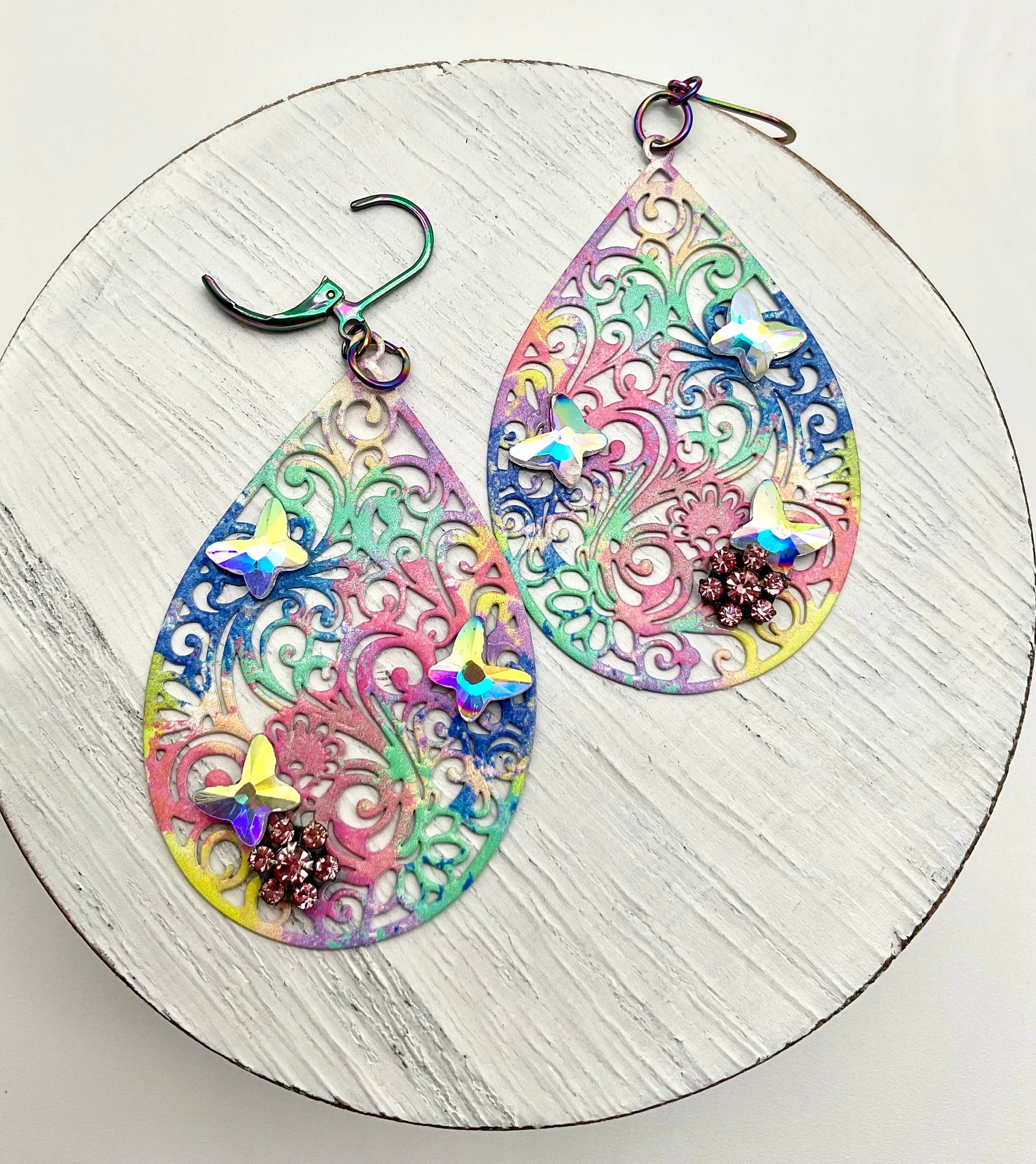 Rainbow Tear Drop Shaped Dangle Earrings with Swarovski AB Butterfly Crystal Accents