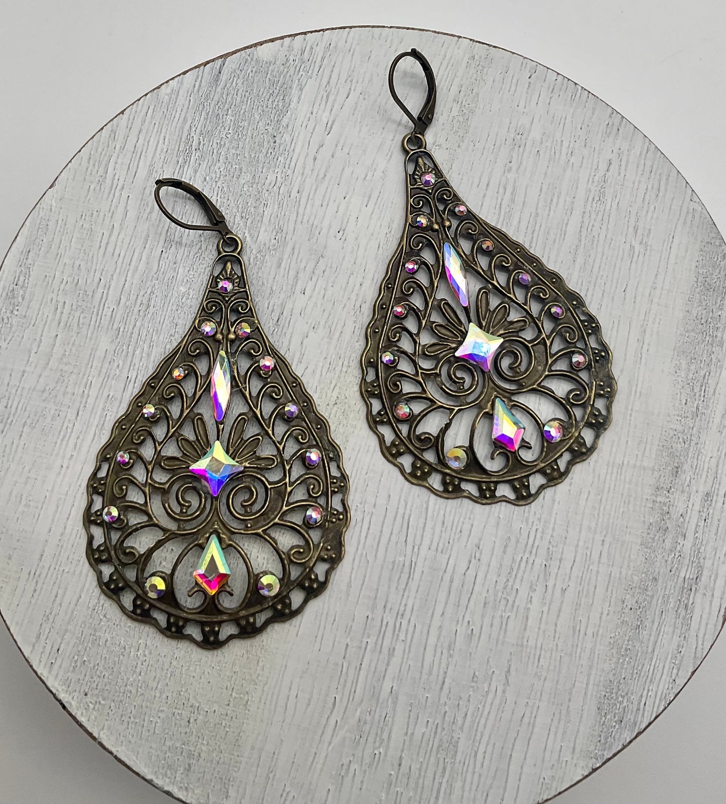 Brass Tear Drop Shaped Dangle Earrings with AB Crystal Accents