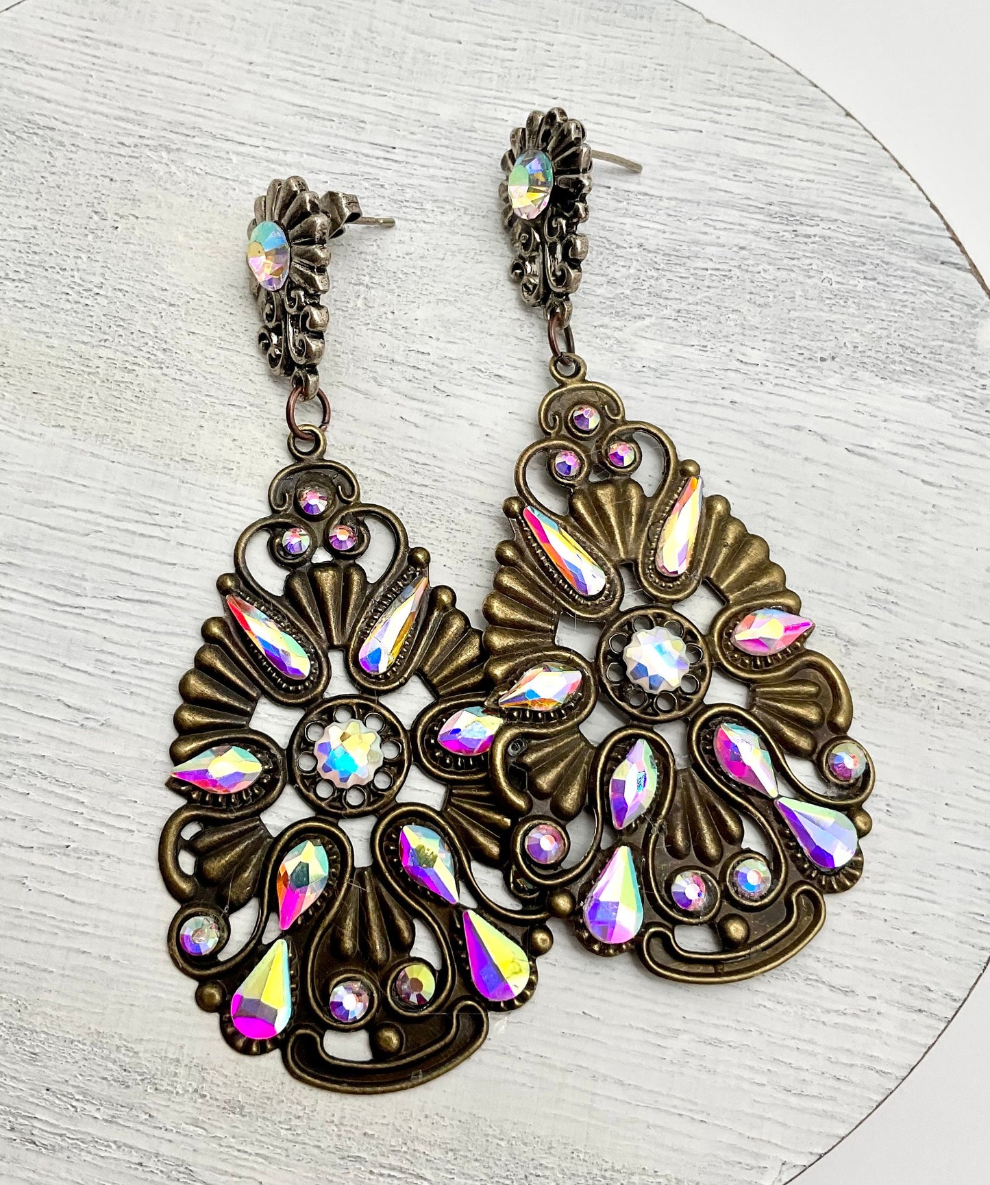 Brass Floral Tear Drop Shaped Dangle Earrings with AB Crystal Accents
