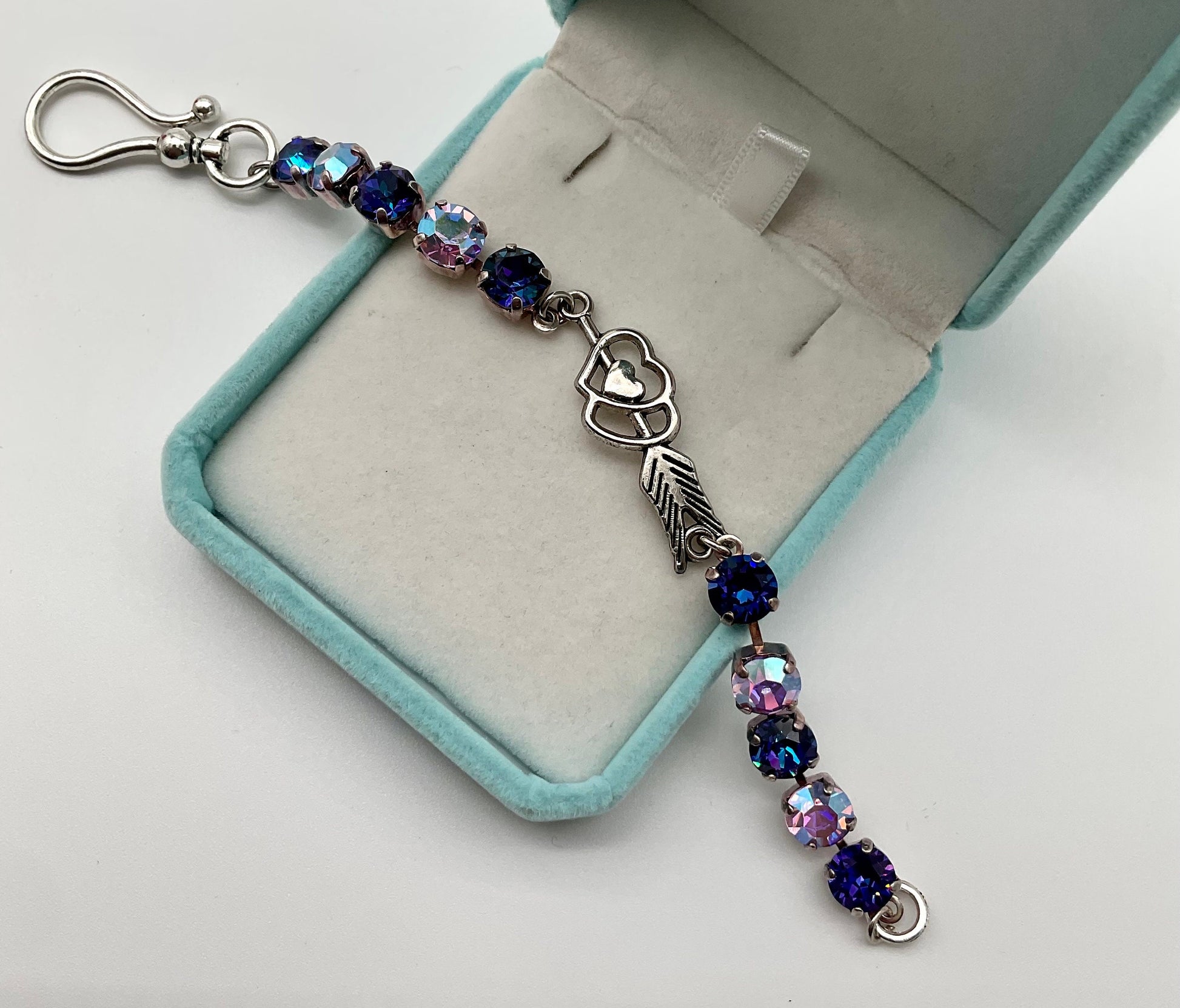 Crystal Swarovski Silver Bracelet with Purple and Pink Genuine Crystals on a Cup Chain with a Heart in the Center