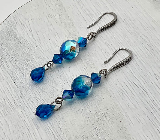 Blue Swarovski Crystal Dangle Drop Earrings with Rhinestone Accent Earrings