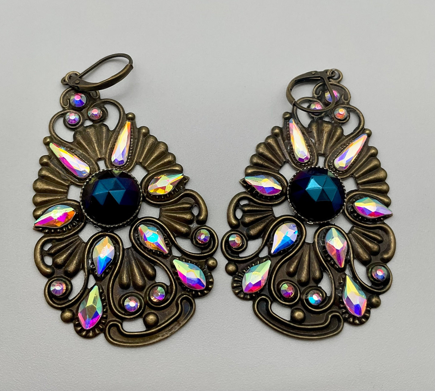 Brass Blue Sapphire September Floral Tear Drop Shaped Dangle Earrings with AB Crystal Accents