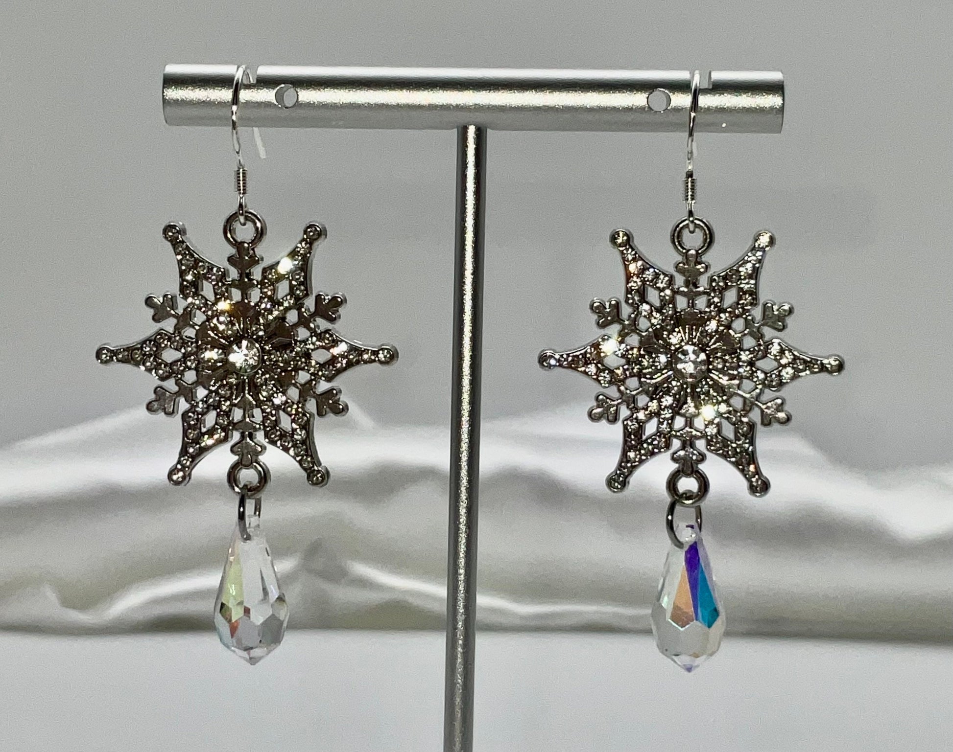 Silver Snowflake Sterling Silver Ear Wire Procosia Crystal Drop Dangle Earrings AB - Christmas Holiday Jewelry