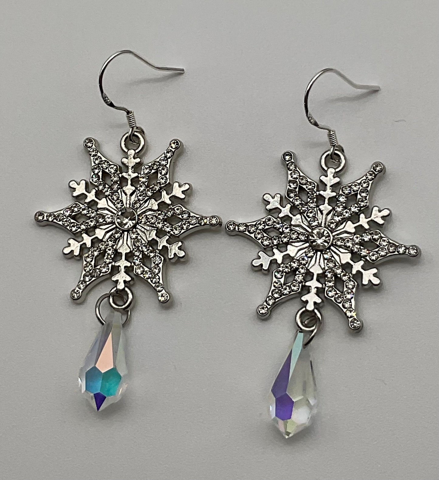 Silver Snowflake Sterling Silver Ear Wire Procosia Crystal Drop Dangle Earrings AB - Christmas Holiday Jewelry