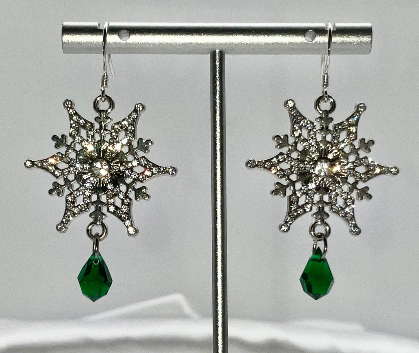 Silver Snowflake Sterling Silver Ear Wire Swarovski Green Emerald May Crystal Drop Dangle Earrings AB - Christmas Holiday Jewelry