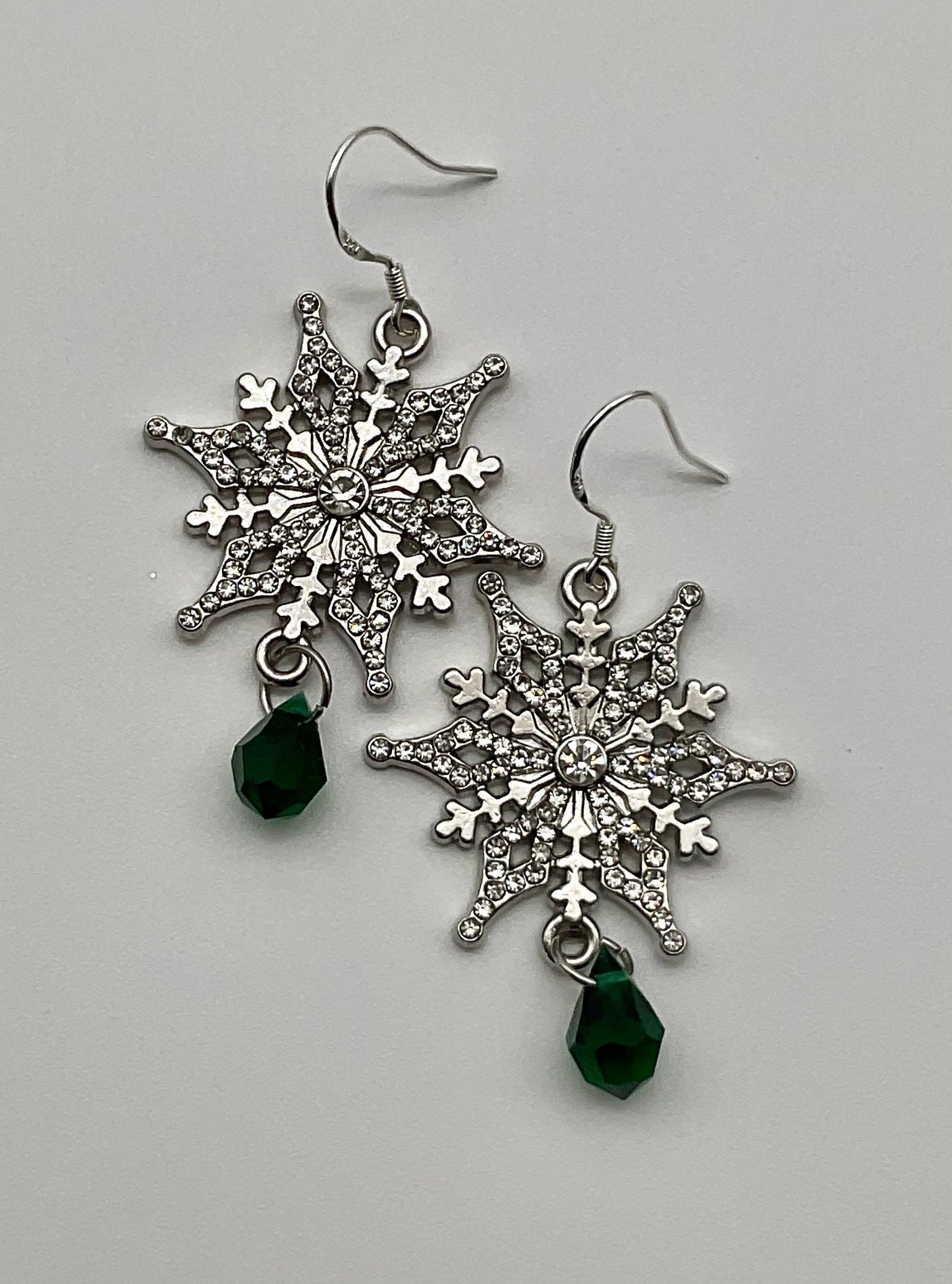 Silver Snowflake Sterling Silver Ear Wire Swarovski Green Emerald May Crystal Drop Dangle Earrings AB - Christmas Holiday Jewelry