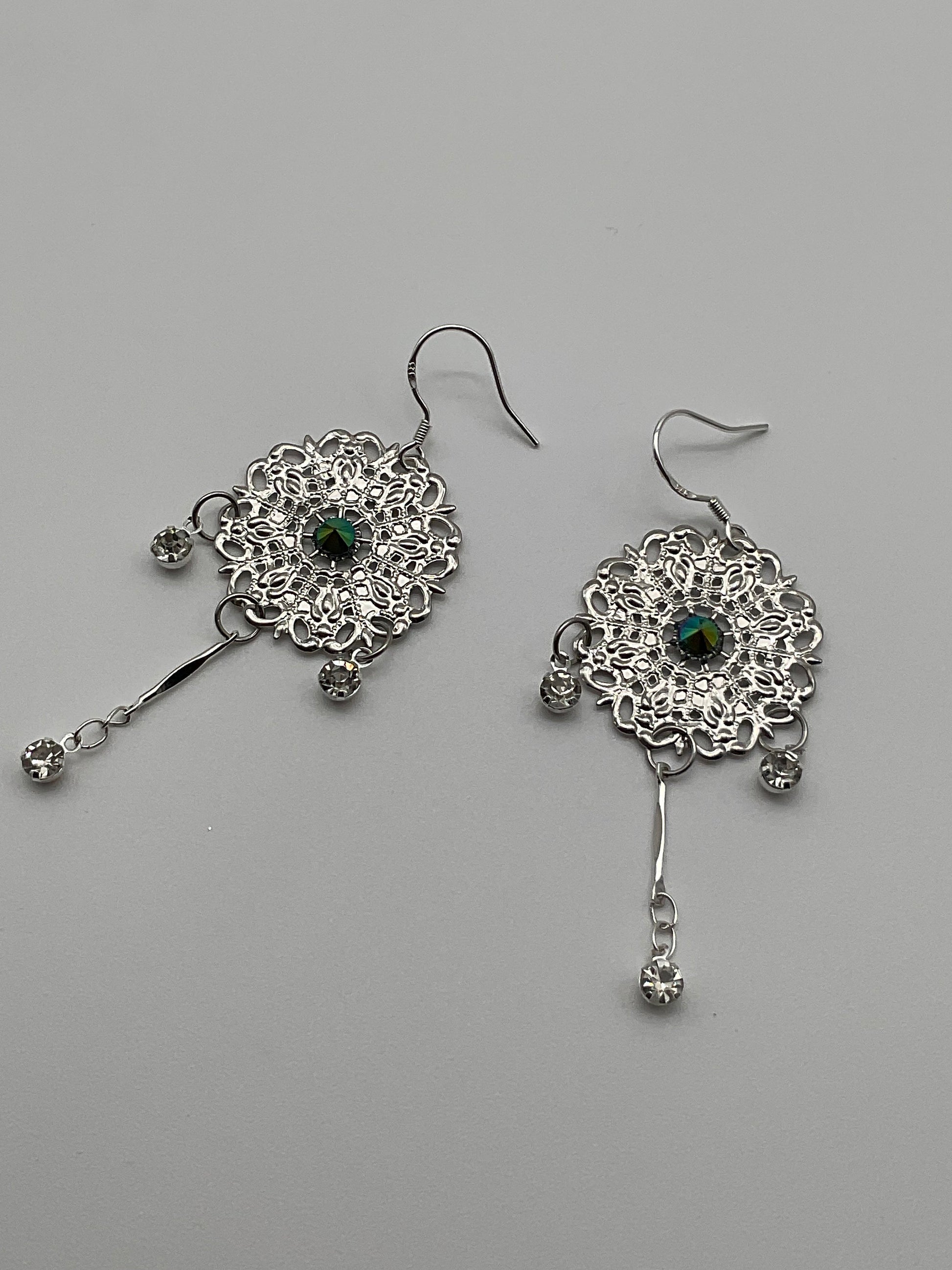 Silver Green Rhinestone Accent Round Dangle Earrings