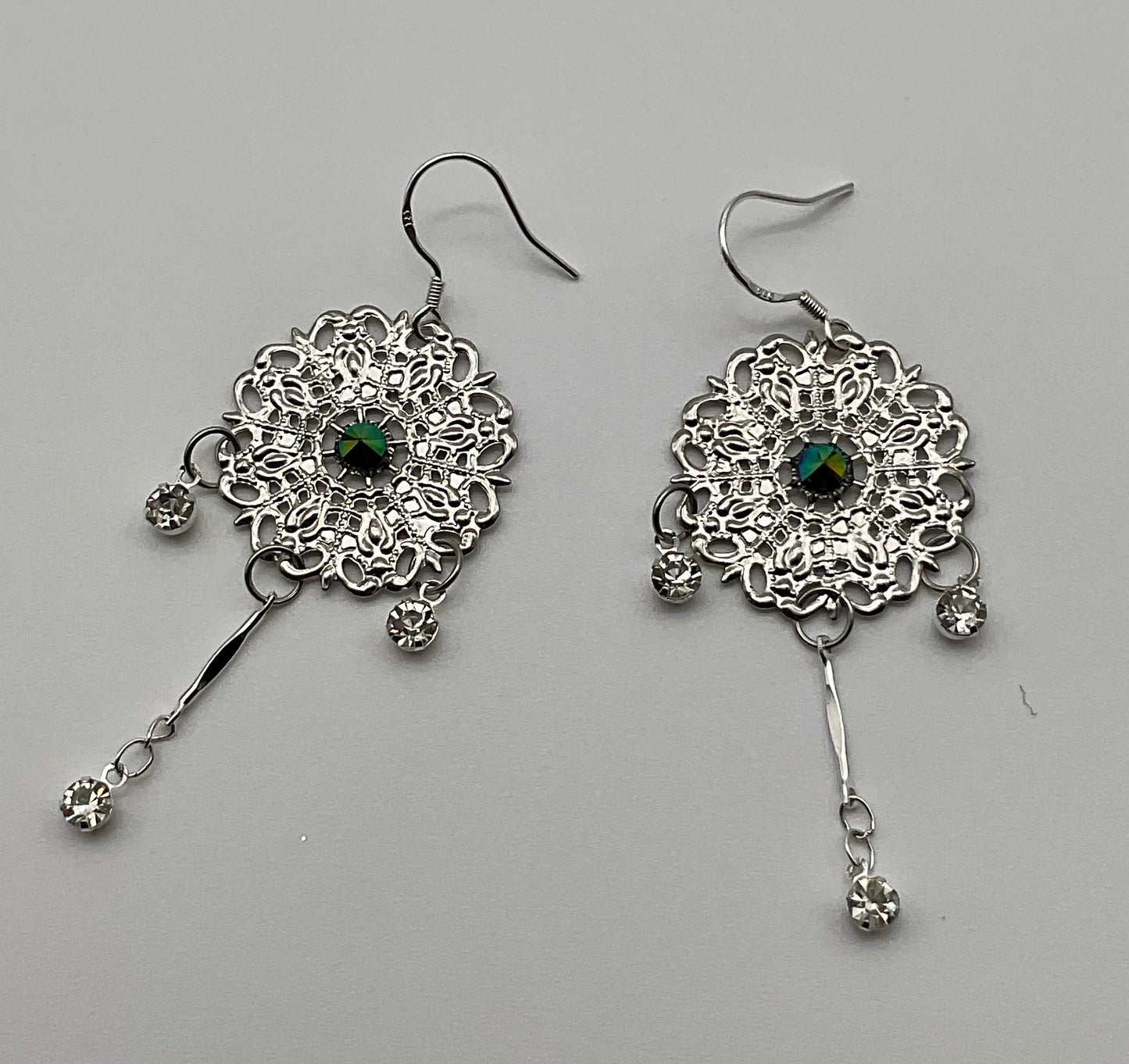 Silver Green Rhinestone Accent Round Dangle Earrings