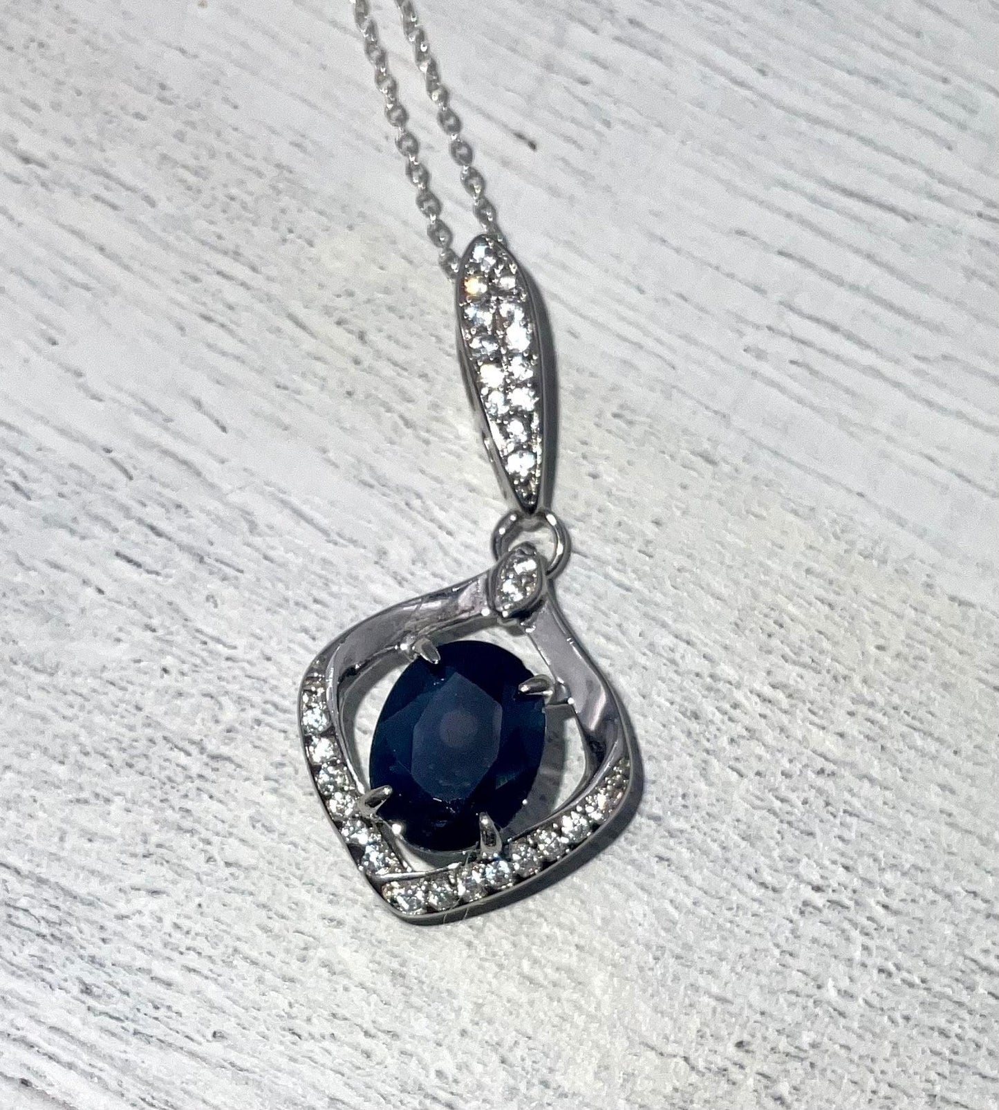 Genuine Blue Sapphire September Birthstone Necklace CZ Accent Pendant on an 18” Sterling Silver Chain