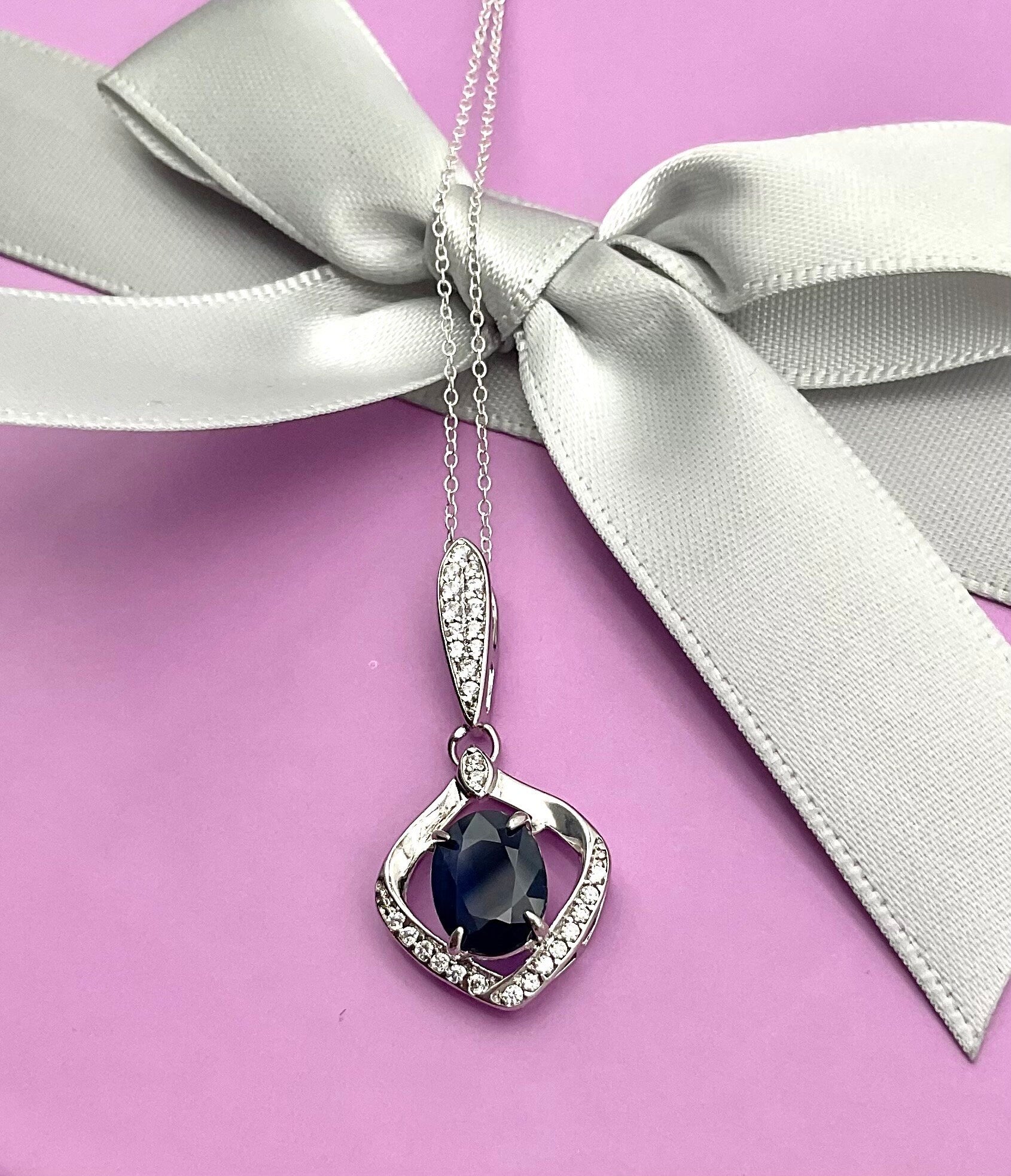 Genuine Blue Sapphire September Birthstone Necklace CZ Accent Pendant on an 18” Sterling Silver Chain