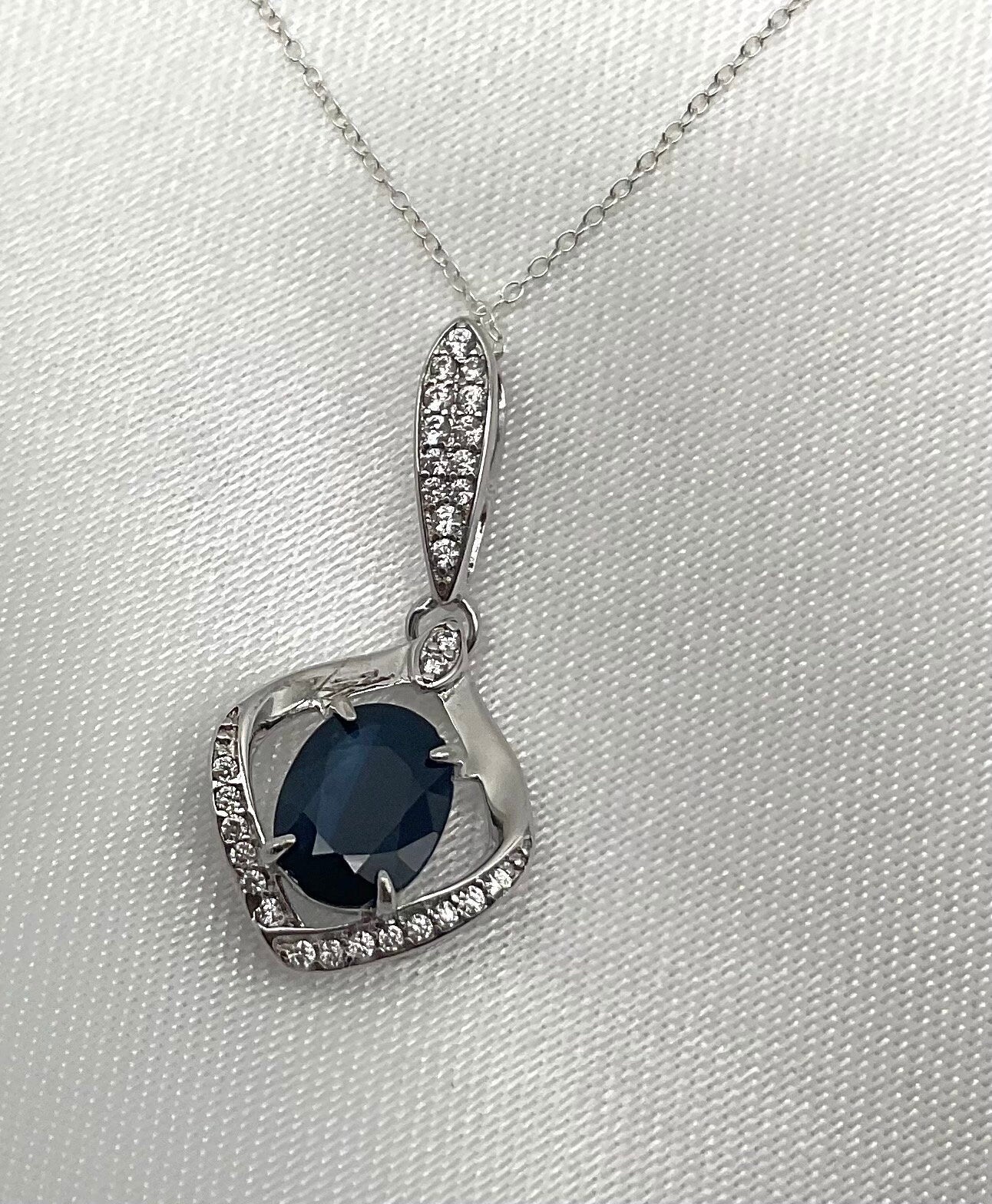 Genuine Blue Sapphire September Birthstone Necklace CZ Accent Pendant on an 18” Sterling Silver Chain