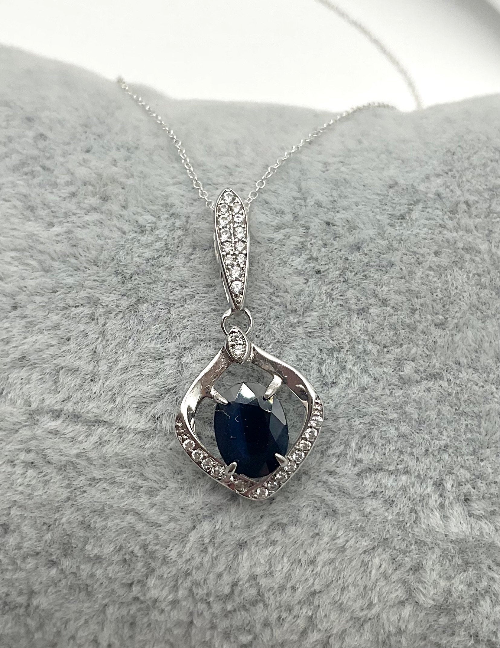 Genuine Blue Sapphire September Birthstone Necklace CZ Accent Pendant on an 18” Sterling Silver Chain