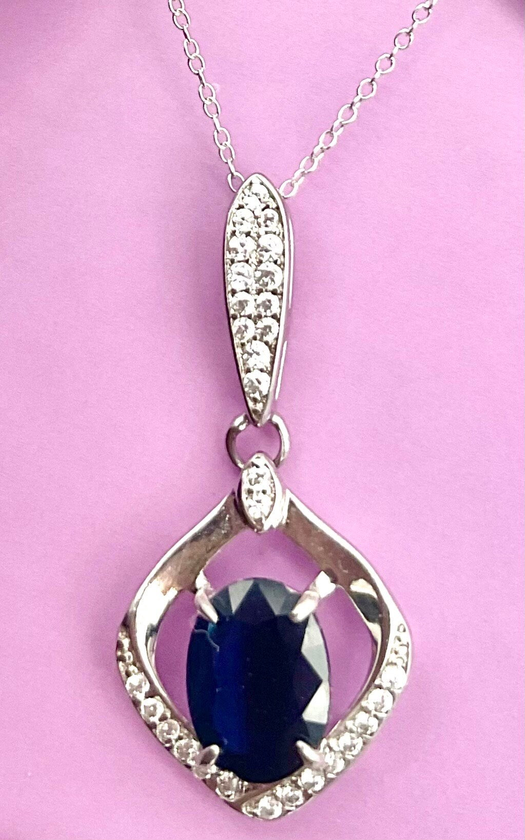 Genuine Blue Sapphire September Birthstone Necklace CZ Accent Pendant on an 18” Sterling Silver Chain