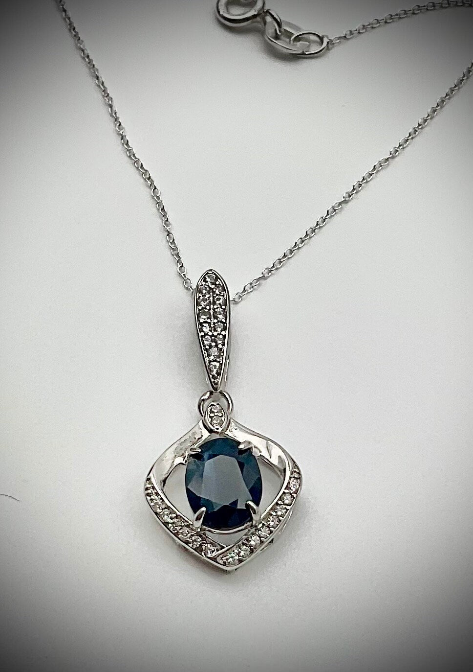 Genuine Blue Sapphire September Birthstone Necklace CZ Accent Pendant on an 18” Sterling Silver Chain