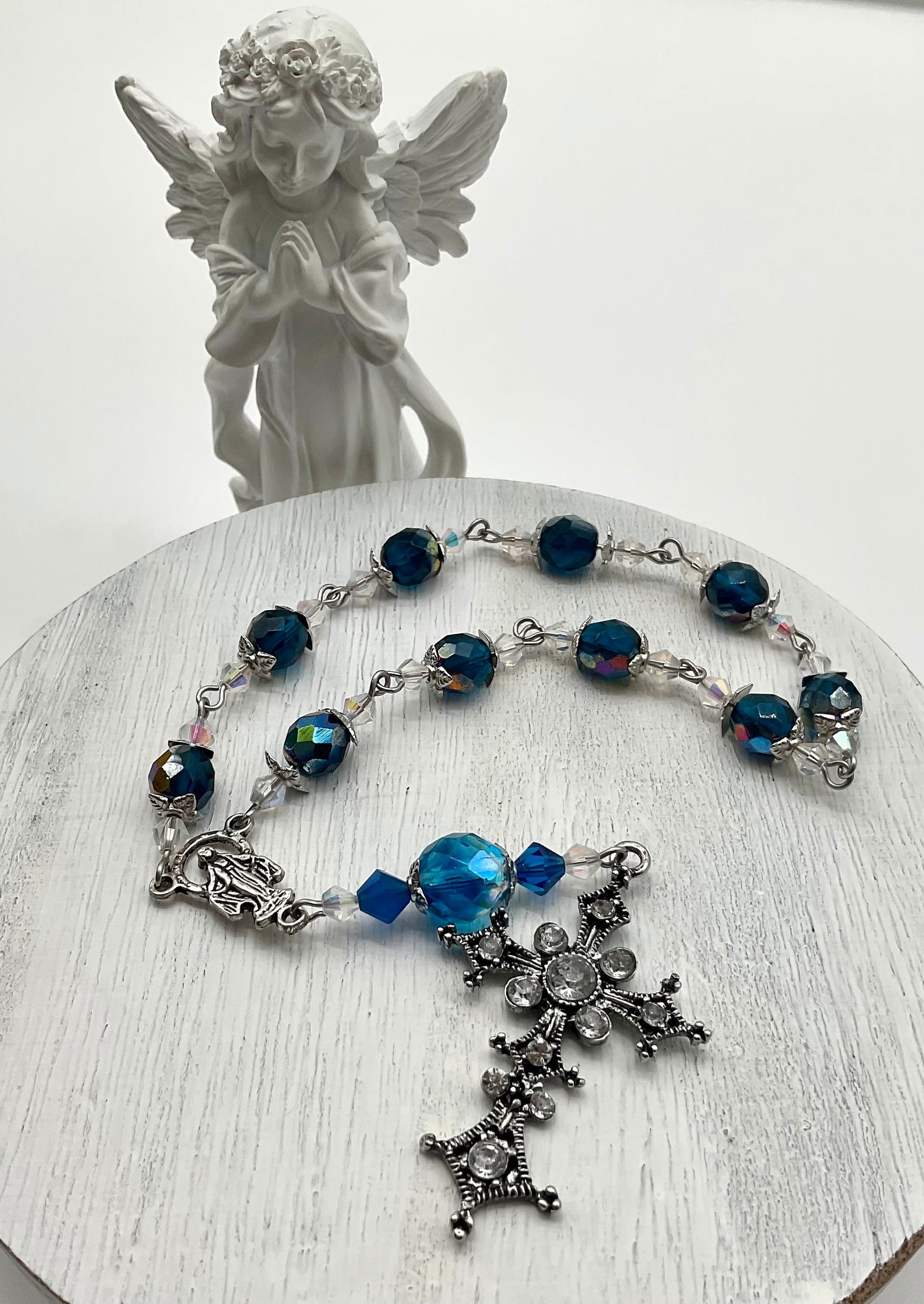 Blue Crystal Beaded Pocket Rosary Catholic Christian Religious Jewelry Hand Made with Rhinestone Accent Cross - 1 Decade