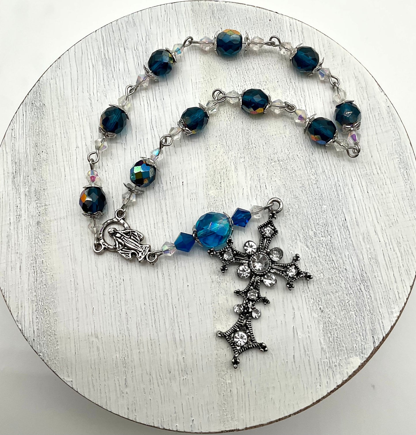 Blue Crystal Beaded Pocket Rosary Catholic Christian Religious Jewelry Hand Made with Rhinestone Accent Cross - 1 Decade