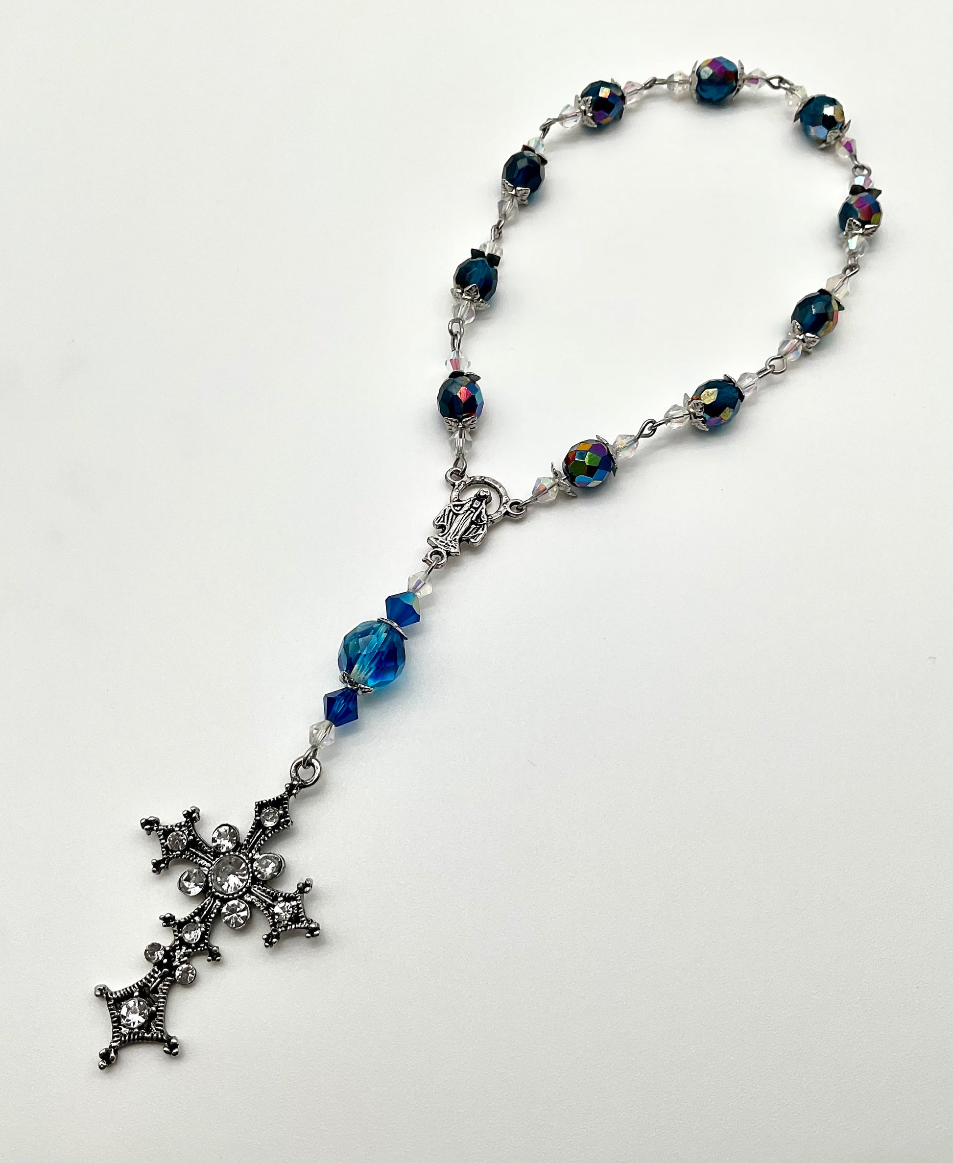 Blue Crystal Beaded Pocket Rosary Catholic Christian Religious Jewelry Hand Made with Rhinestone Accent Cross - 1 Decade