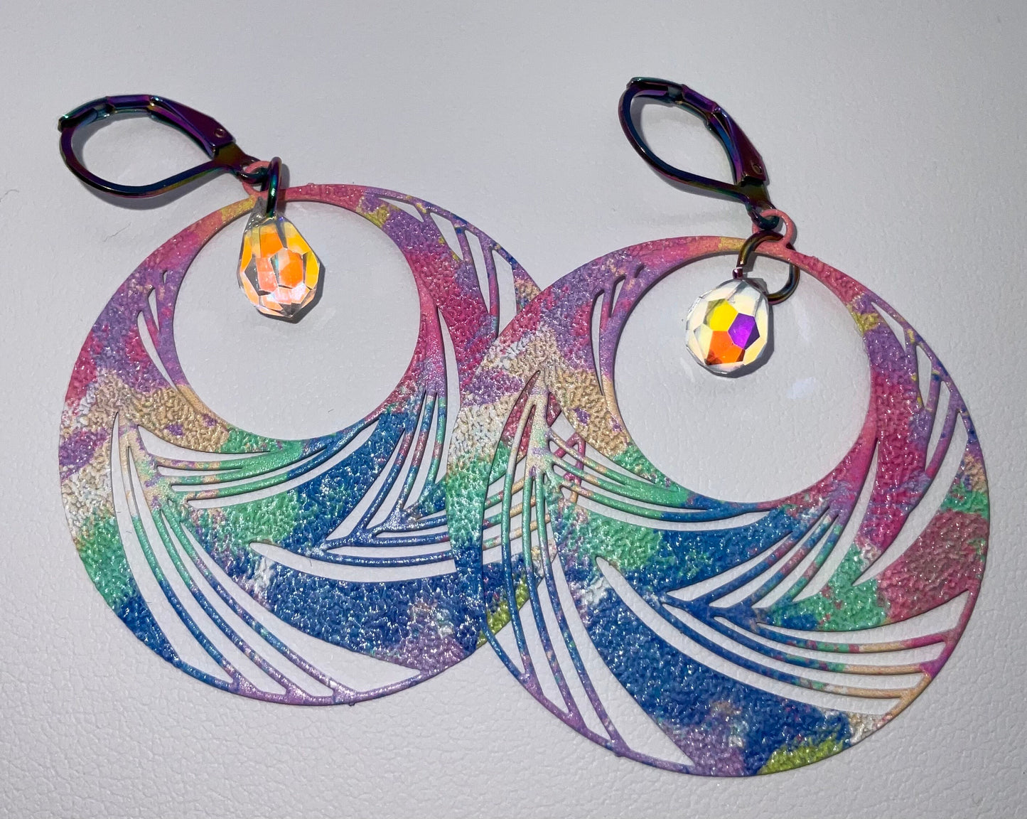 Rainbow Circle Drop Shaped Dangle Earrings with AB Crystal Accents