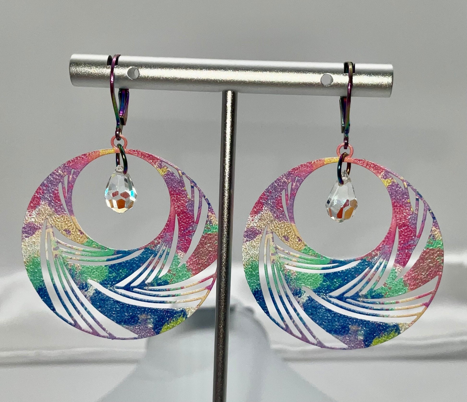 Rainbow Circle Drop Shaped Dangle Earrings with AB Crystal Accents