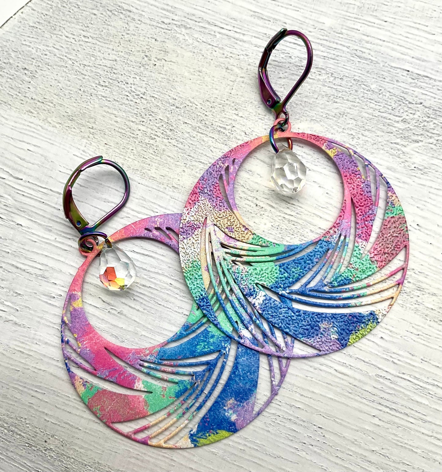 Rainbow Circle Drop Shaped Dangle Earrings with AB Crystal Accents