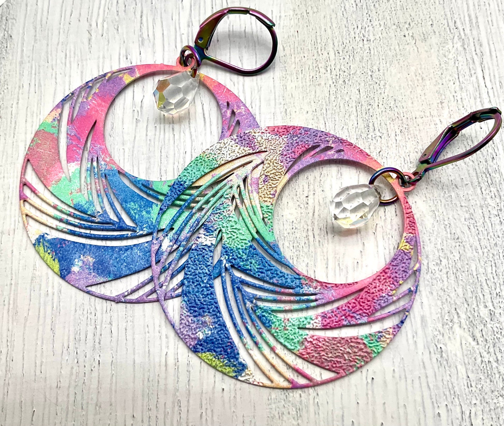 Rainbow Circle Drop Shaped Dangle Earrings with AB Crystal Accents