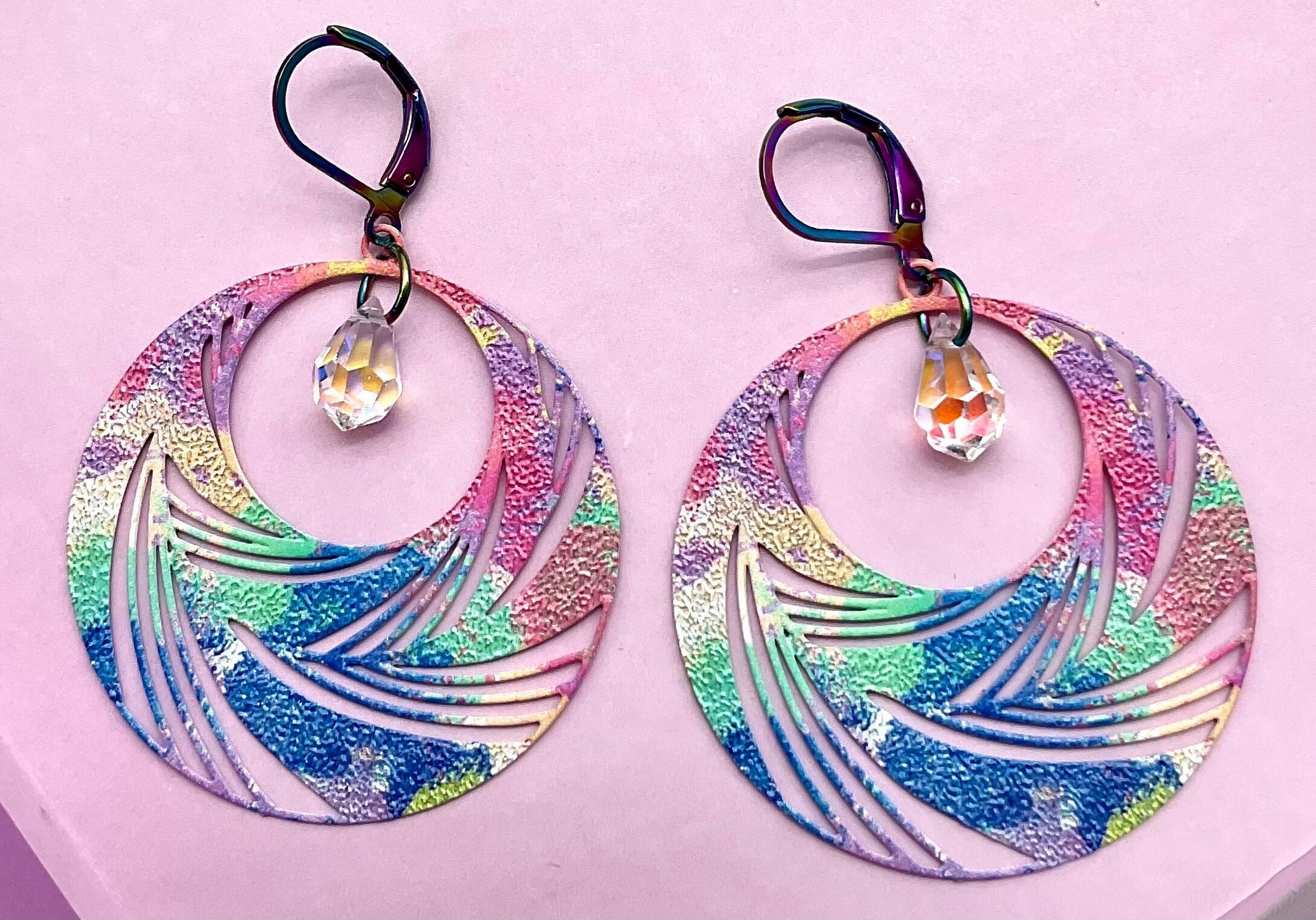 Rainbow Circle Drop Shaped Dangle Earrings with AB Crystal Accents