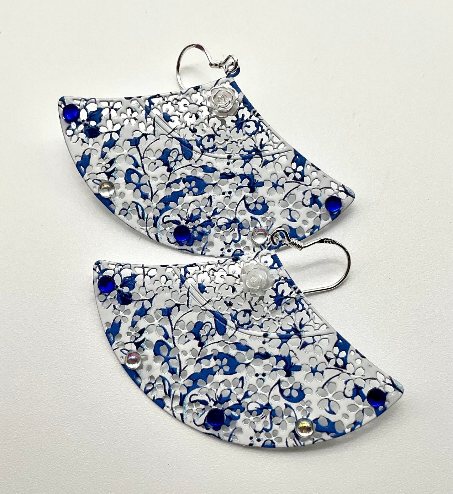 Blue and White Fan Shaped Dangle Earrings with AB Crystal Accents