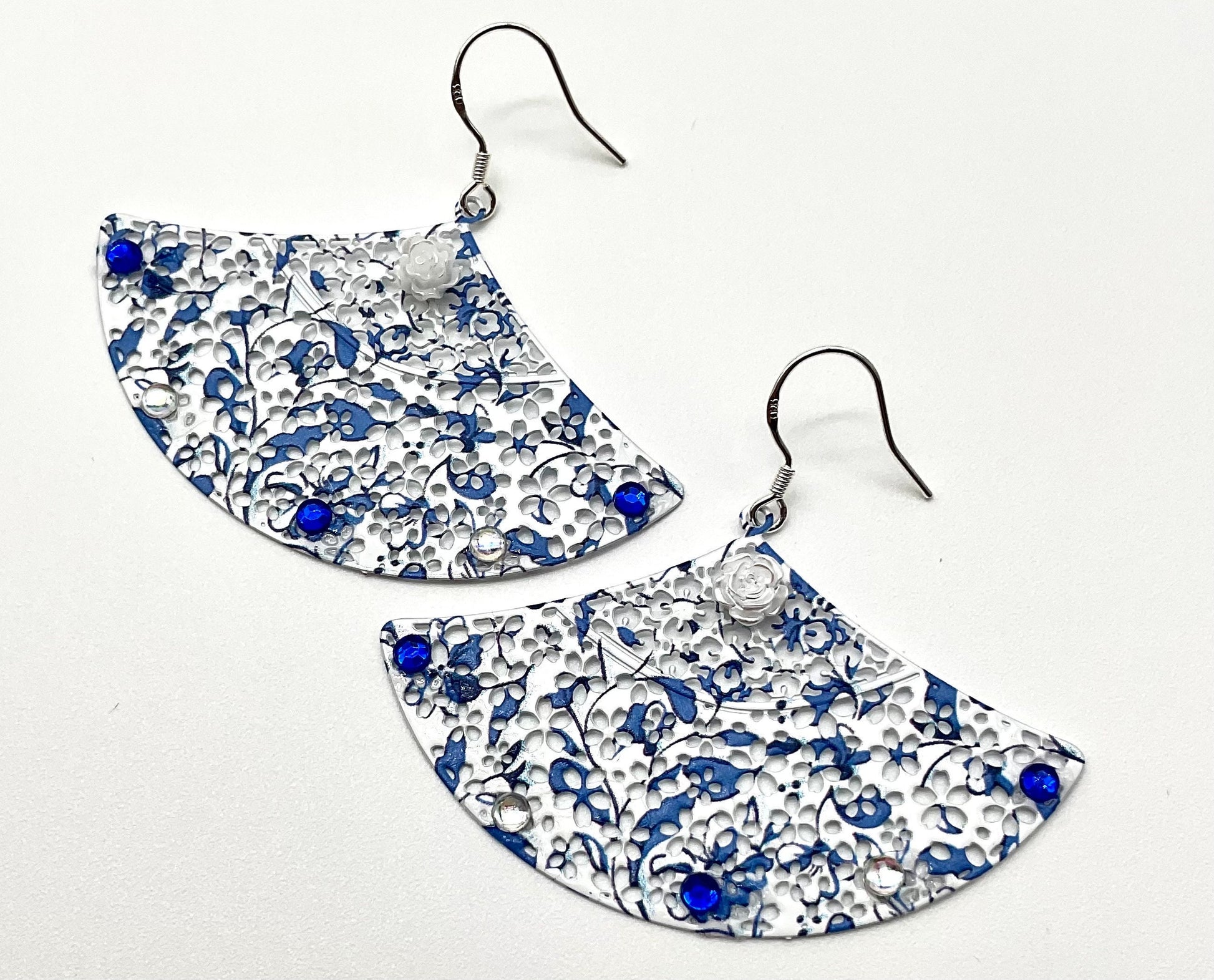 Blue and White Fan Shaped Dangle Earrings with AB Crystal Accents