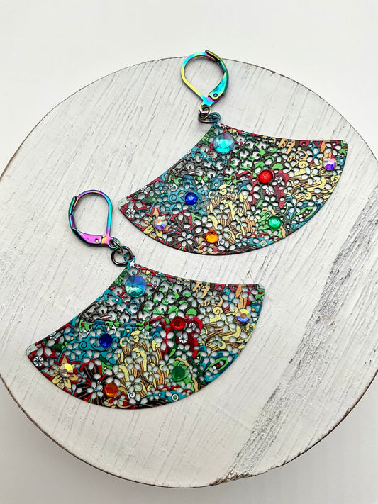 Multi Colored Fan Shaped Dangle Earrings with Crystal Accents