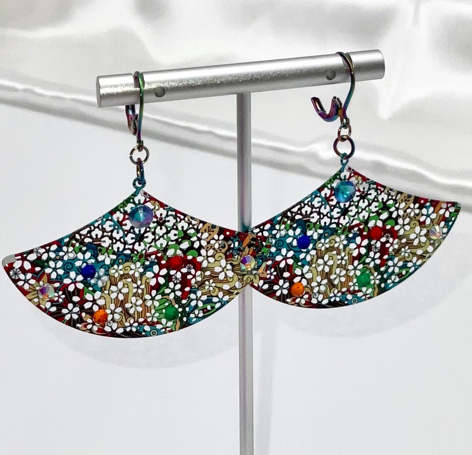 Multi Colored Fan Shaped Dangle Earrings with Crystal Accents