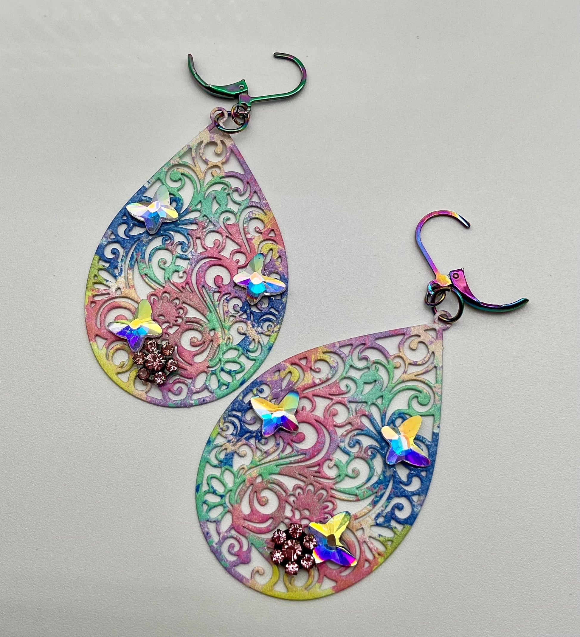 Rainbow Tear Drop Shaped Dangle Earrings with Swarovski AB Butterfly Crystal Accents