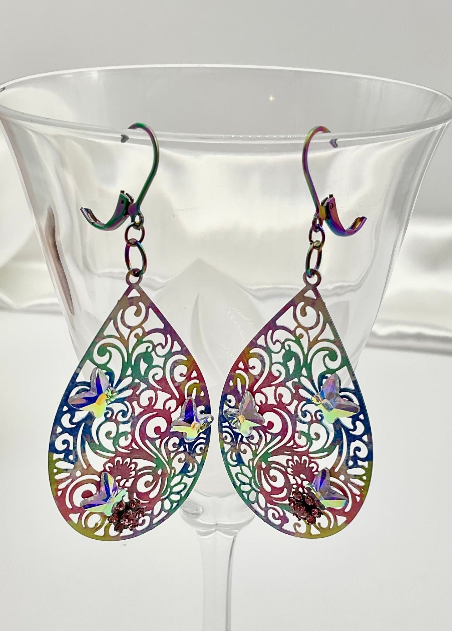 Rainbow Tear Drop Shaped Dangle Earrings with Swarovski AB Butterfly Crystal Accents