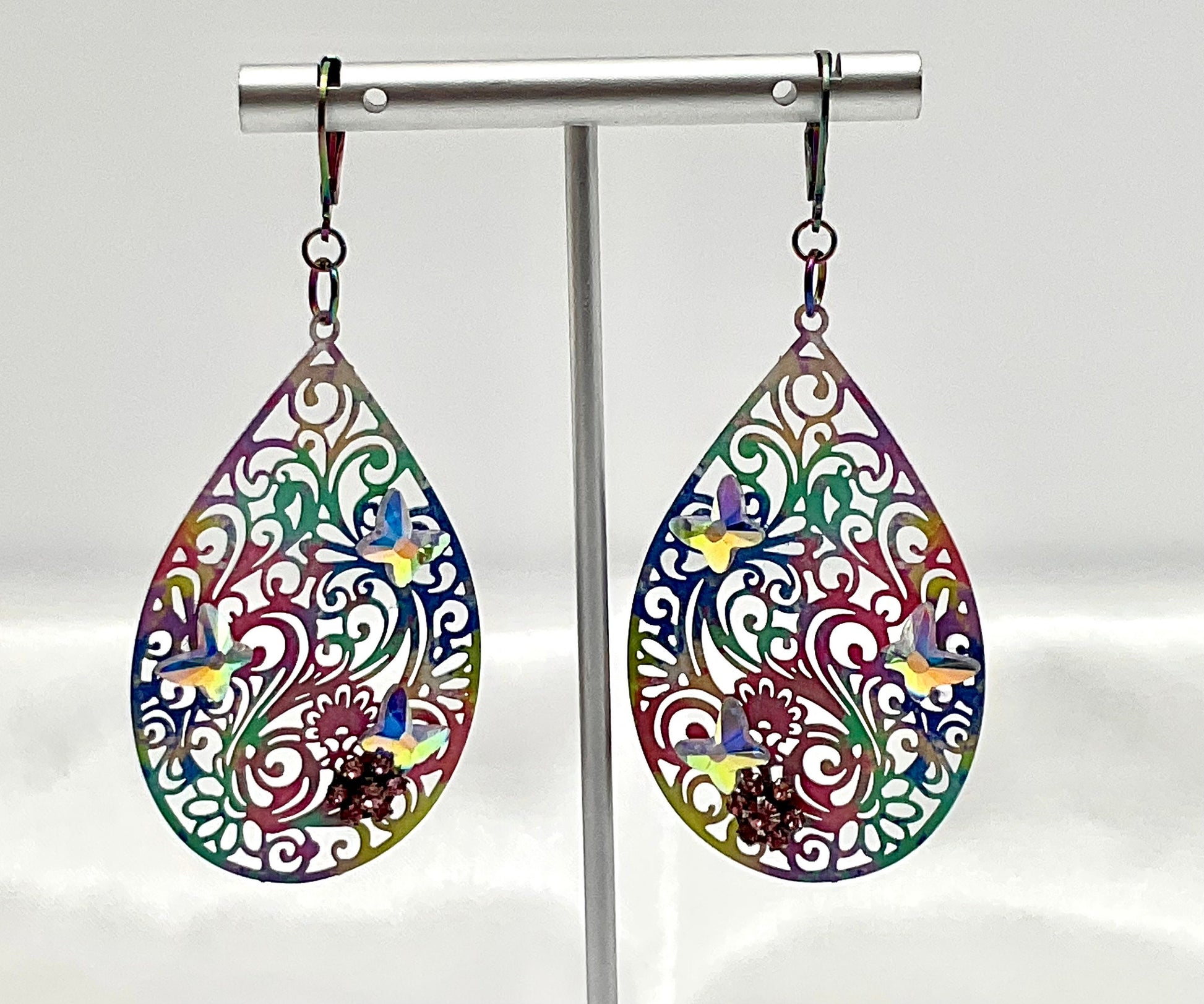 Rainbow Tear Drop Shaped Dangle Earrings with Swarovski AB Butterfly Crystal Accents