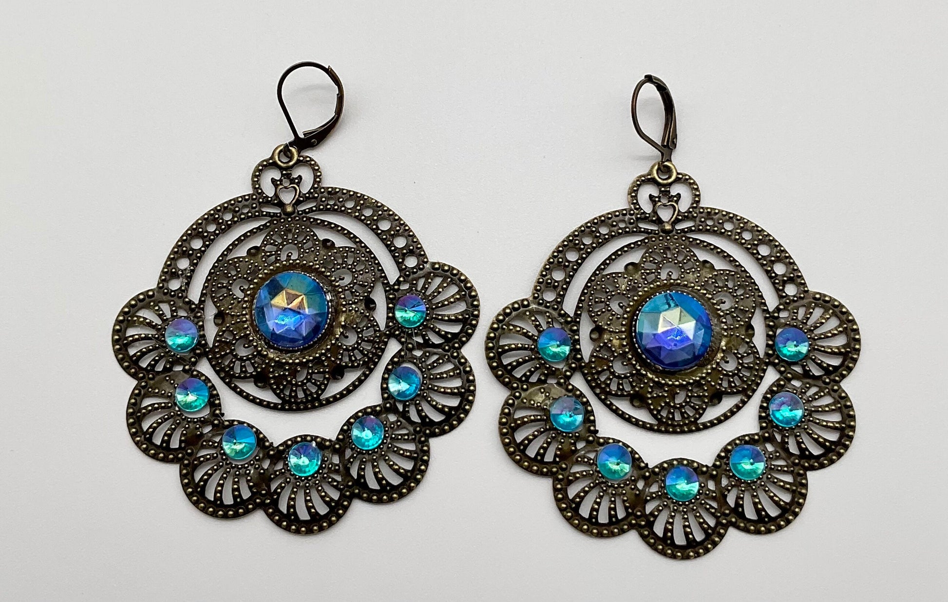 Sapphire Blue September Birthstone Floral Shaped Dangle Earrings with Rhinestone Accents