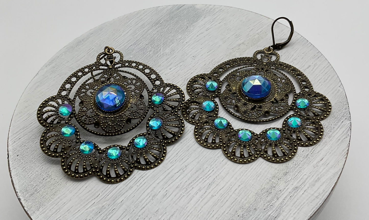 Sapphire Blue September Birthstone Floral Shaped Dangle Earrings with Rhinestone Accents