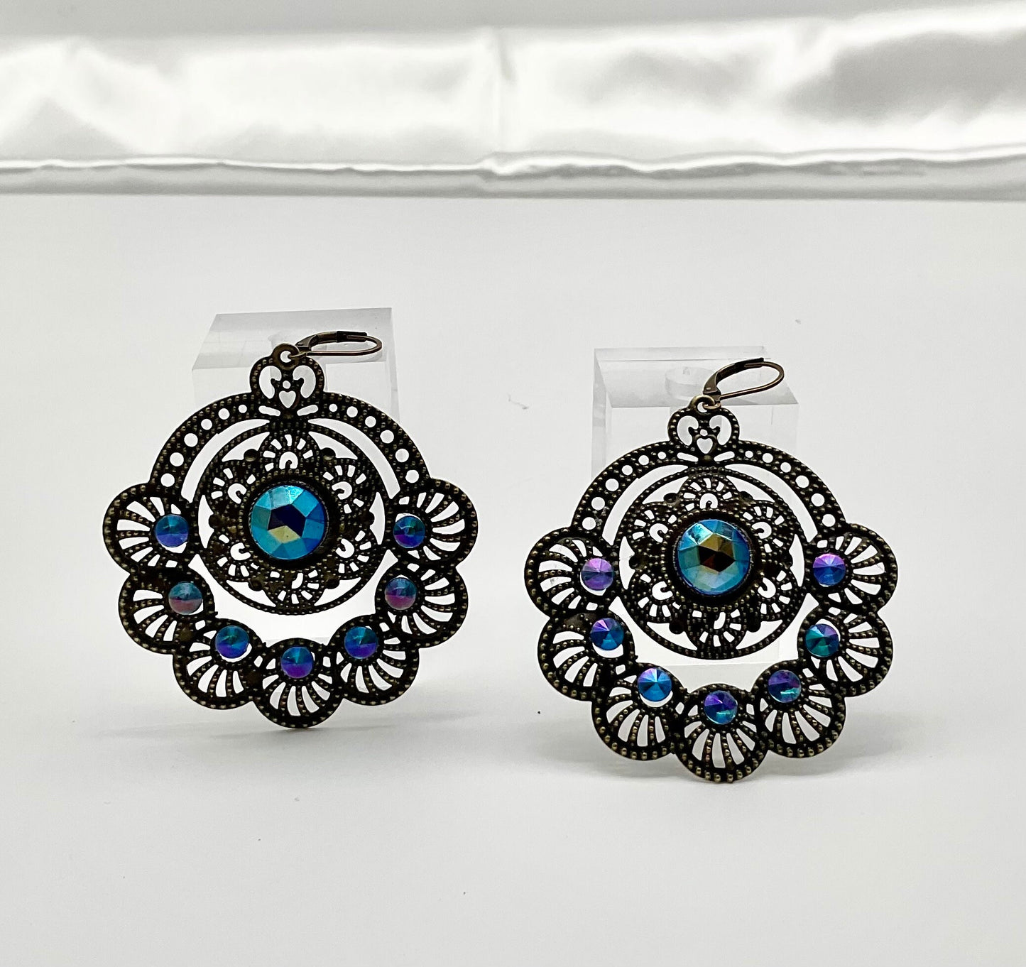 Sapphire Blue September Birthstone Floral Shaped Dangle Earrings with Rhinestone Accents