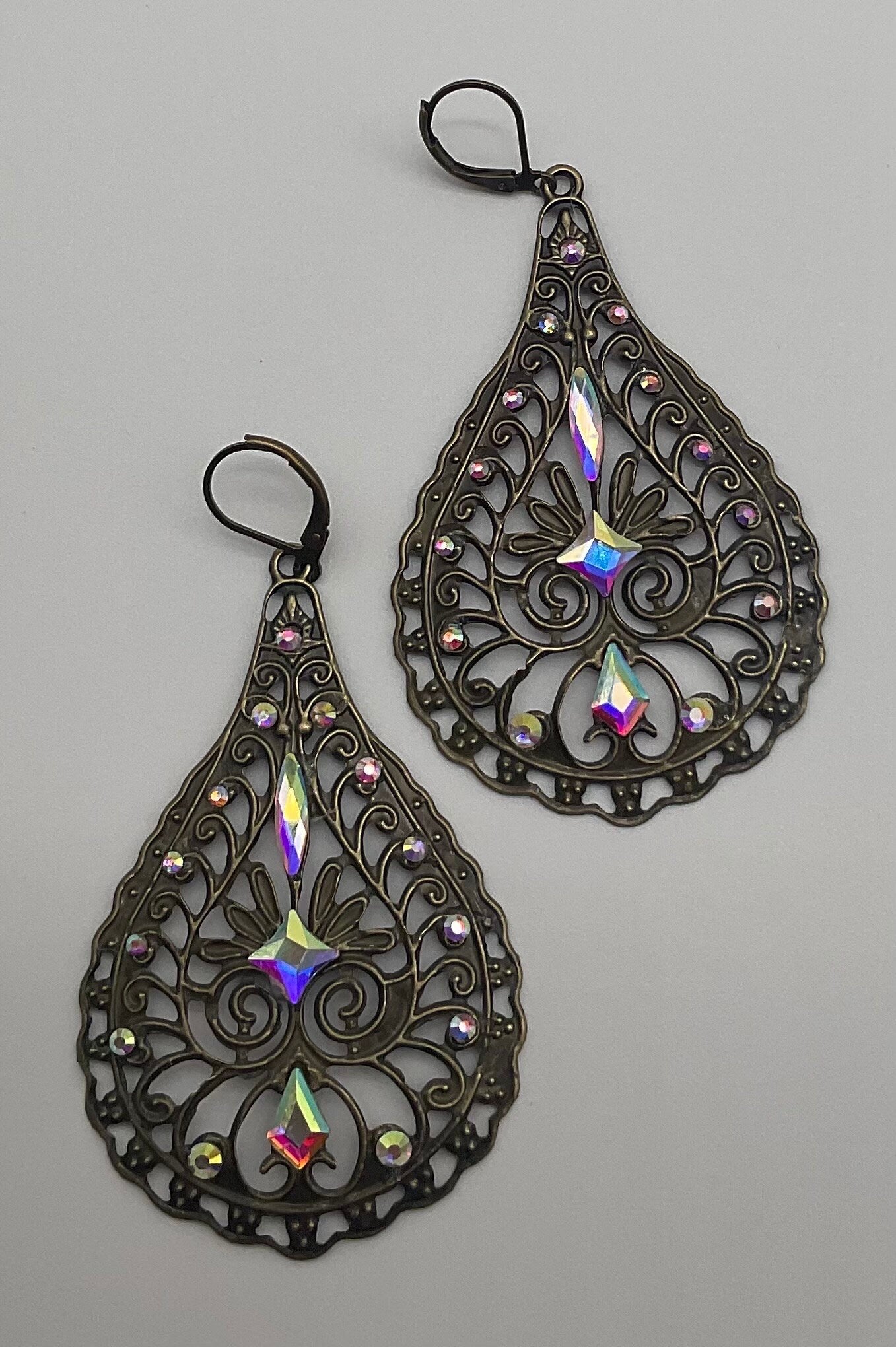 Brass Tear Drop Shaped Dangle Earrings with AB Crystal Accents