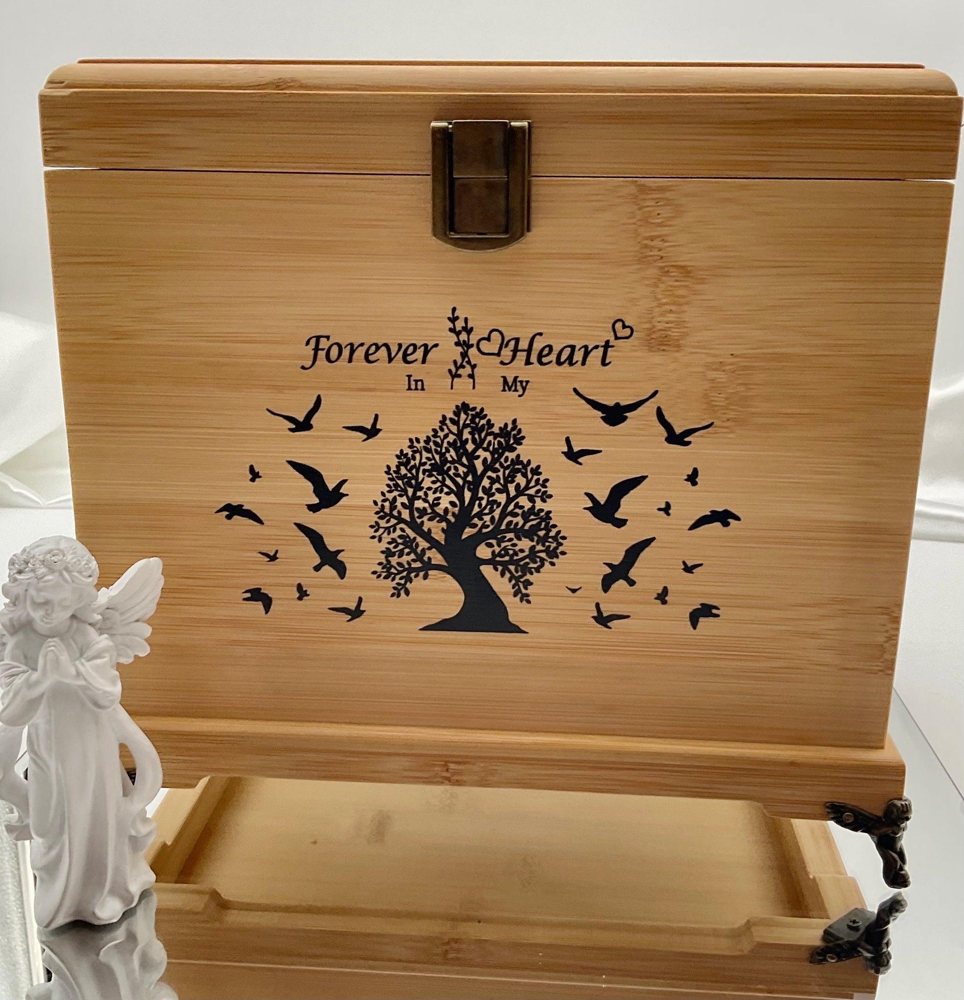 Human Ash Urn Wooden Box Cremation Memorial Container Forever in my Heart - Angel Cherub Hardware