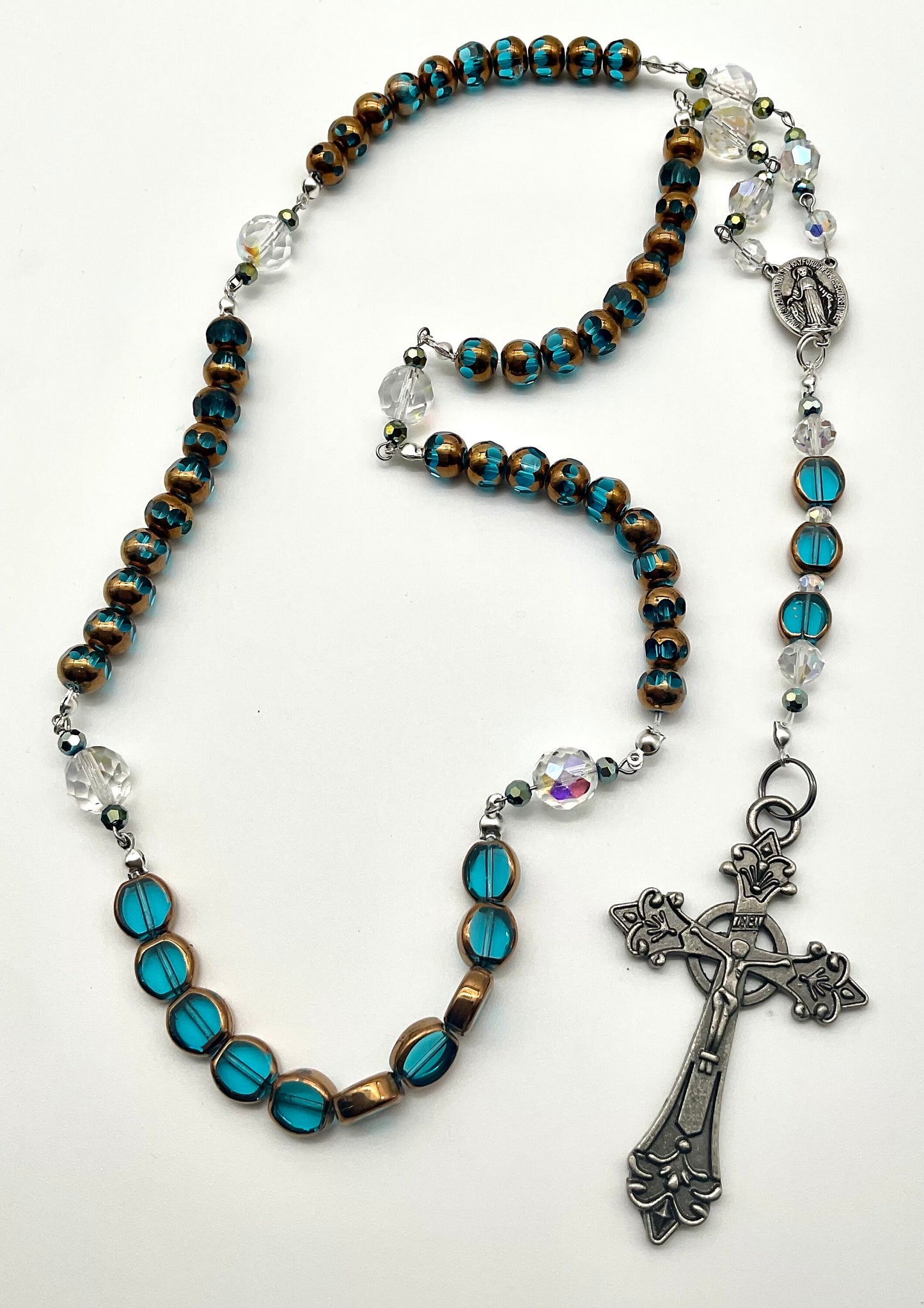 Teal - Green Glass Beaded Handmade Rosary Catholic Christian Religious Jewelry Cross - 5 Decade