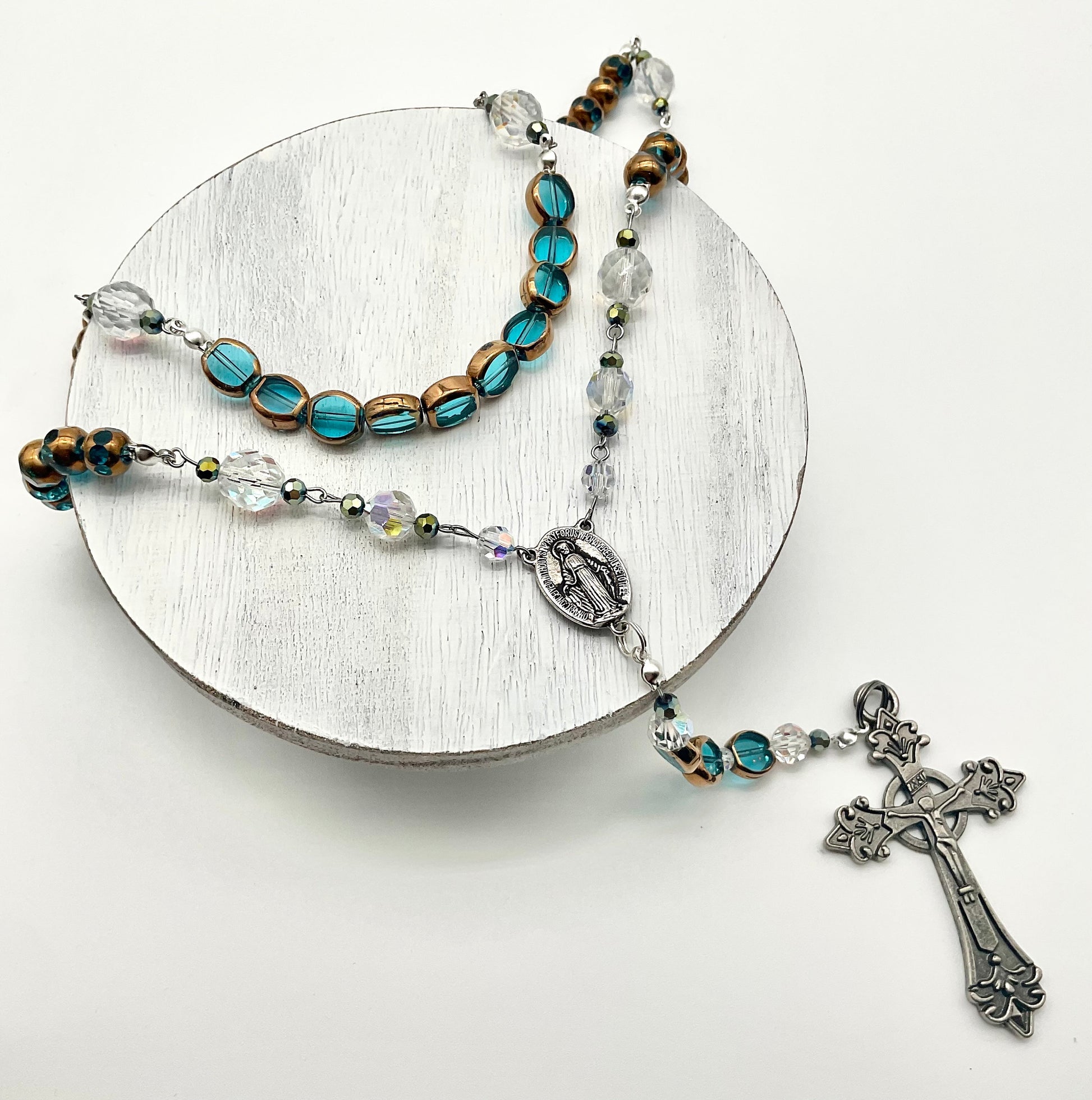 Teal - Green Glass Beaded Handmade Rosary Catholic Christian Religious Jewelry Cross - 5 Decade