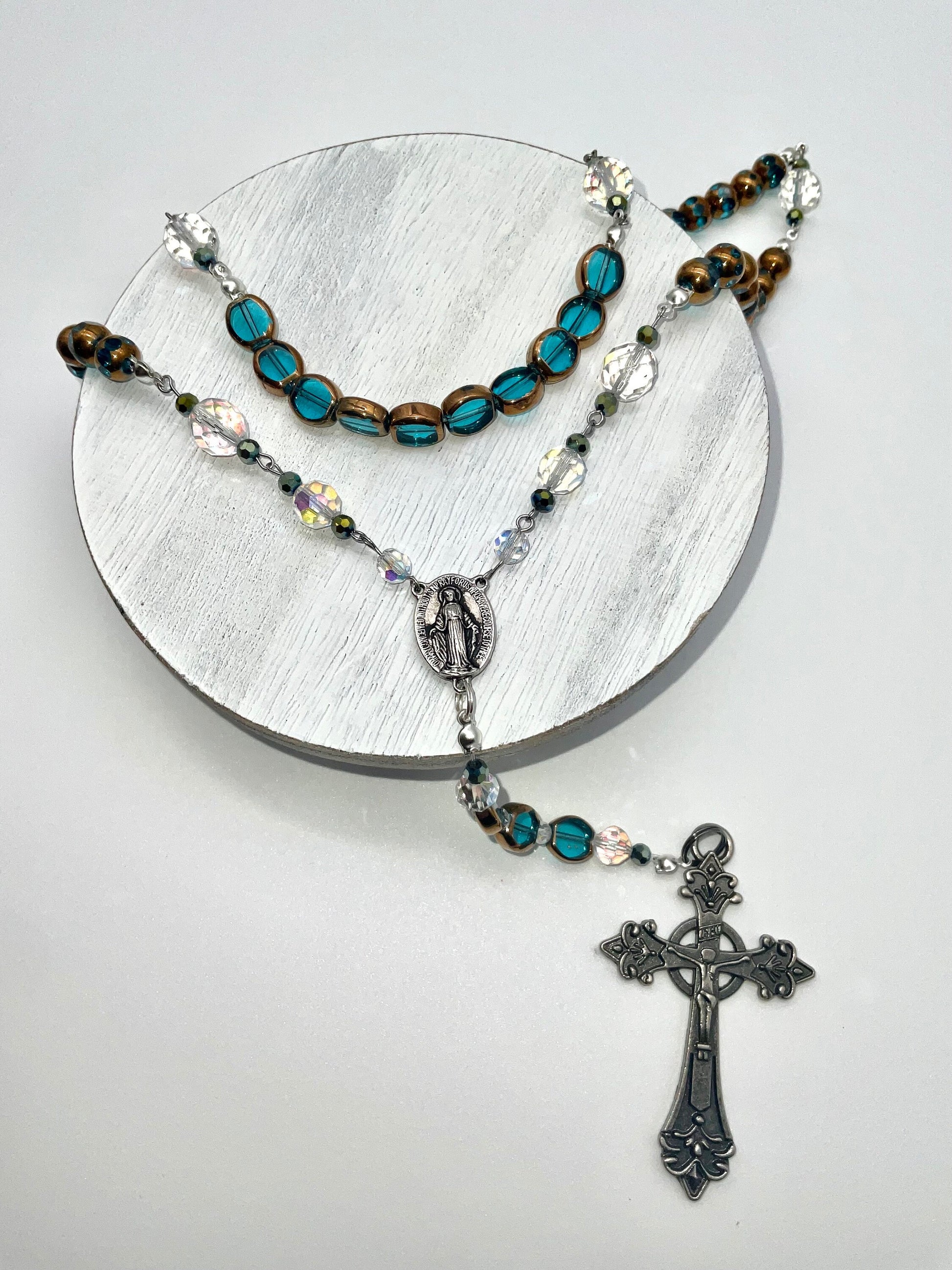 Teal - Green Glass Beaded Handmade Rosary Catholic Christian Religious Jewelry Cross - 5 Decade