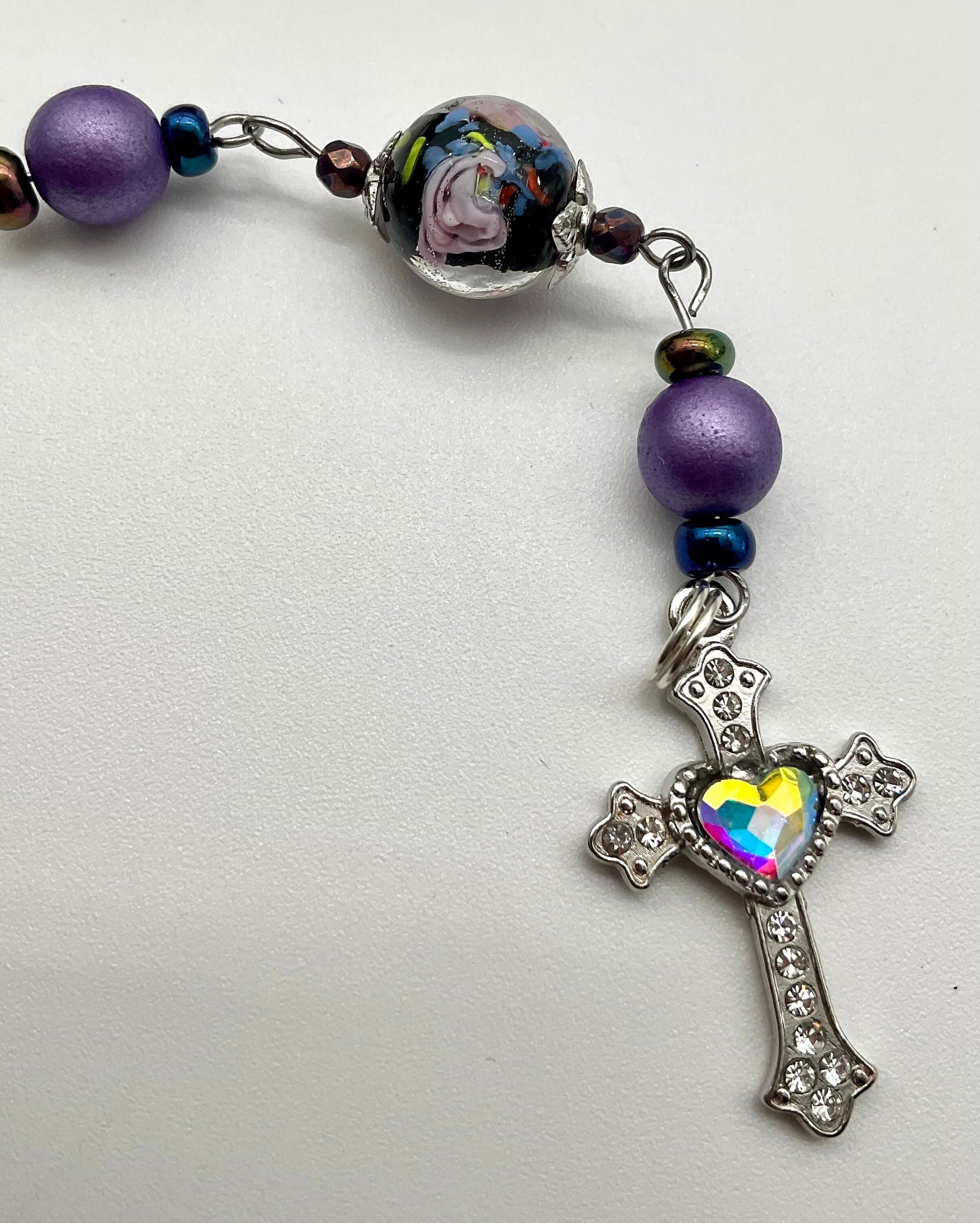 Purple and Green Agate Saint Benedict Beaded Pocket Rosary Catholic Christian Religious Jewelry with Rhinestone Accent Cross - 1 Decade